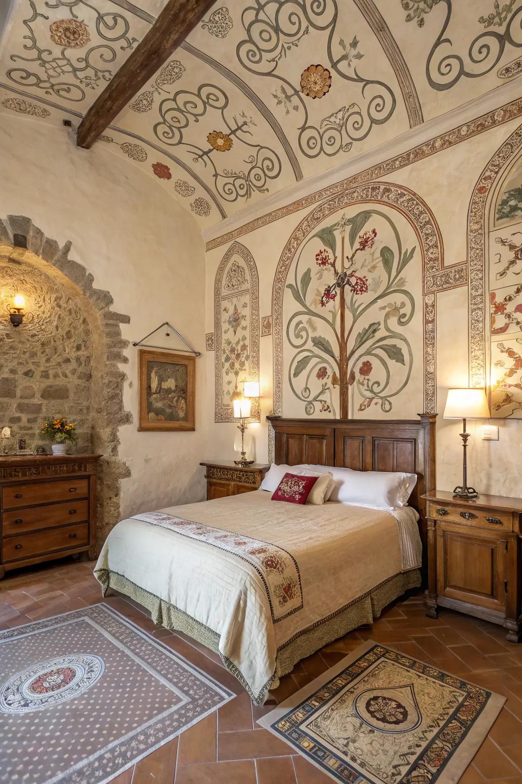 Ornamental art introduces color and uniqueness to your Tuscan-themed bedroom.