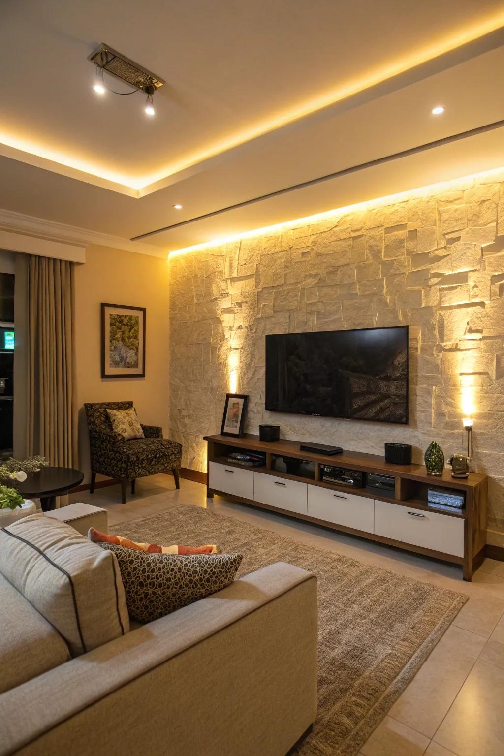 LED backlighting boosts the mood of this TV accent wall.