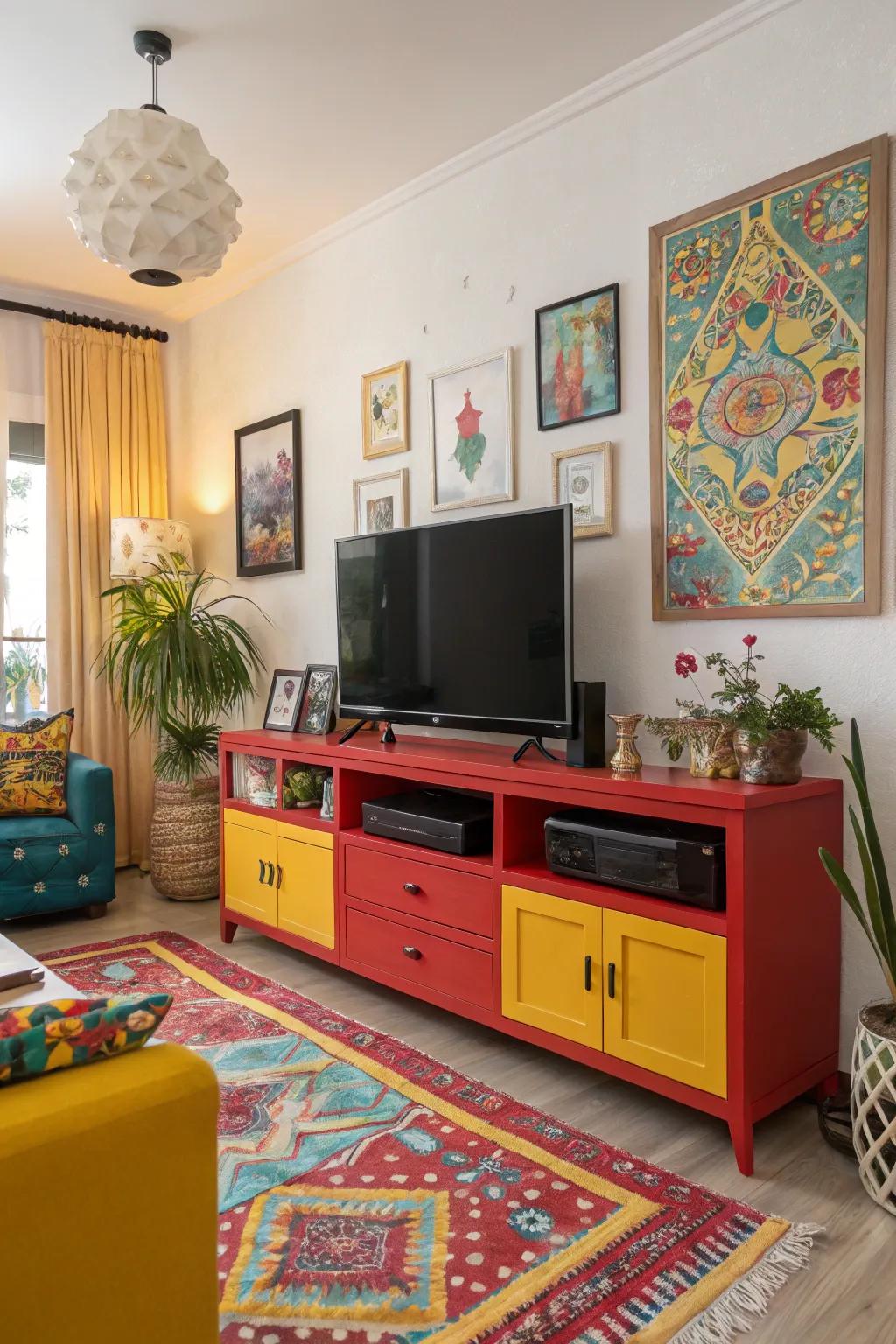 Bright colors on cabinets create an eye-catching feature.