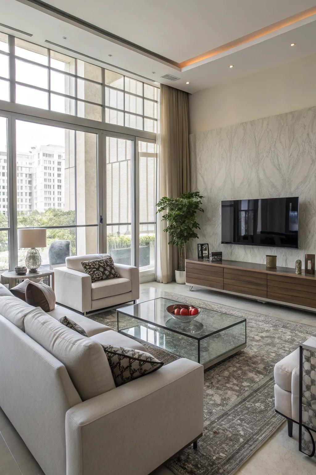 A TV wall enhanced by stylish contemporary furnishings.