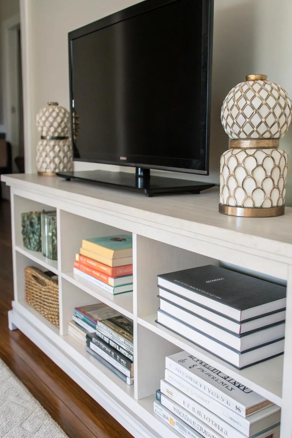 Books introducing charm and coziness to your entertainment center arrangement.