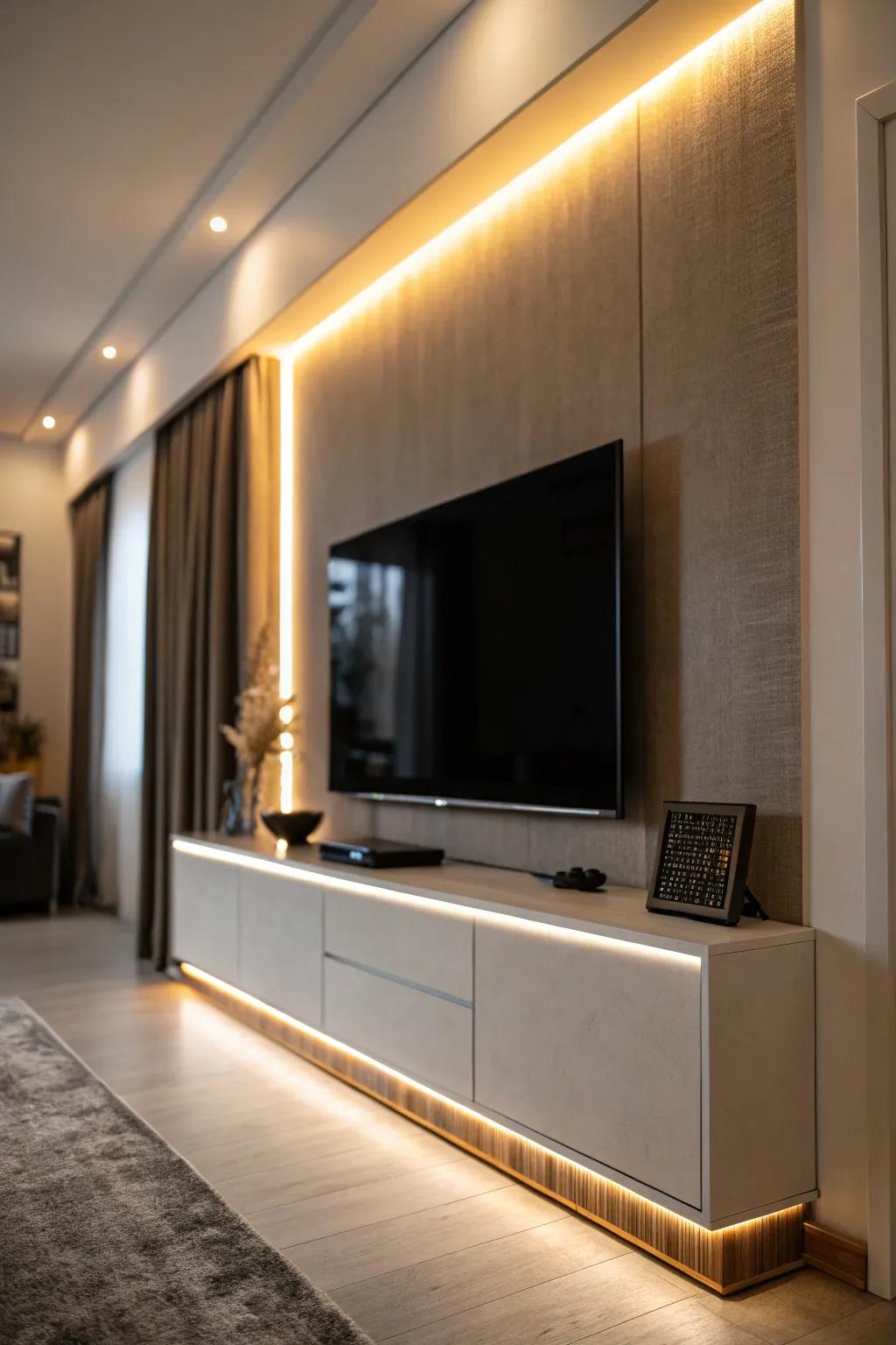 Up-to-date lighting enriches the vibe of this TV wall.