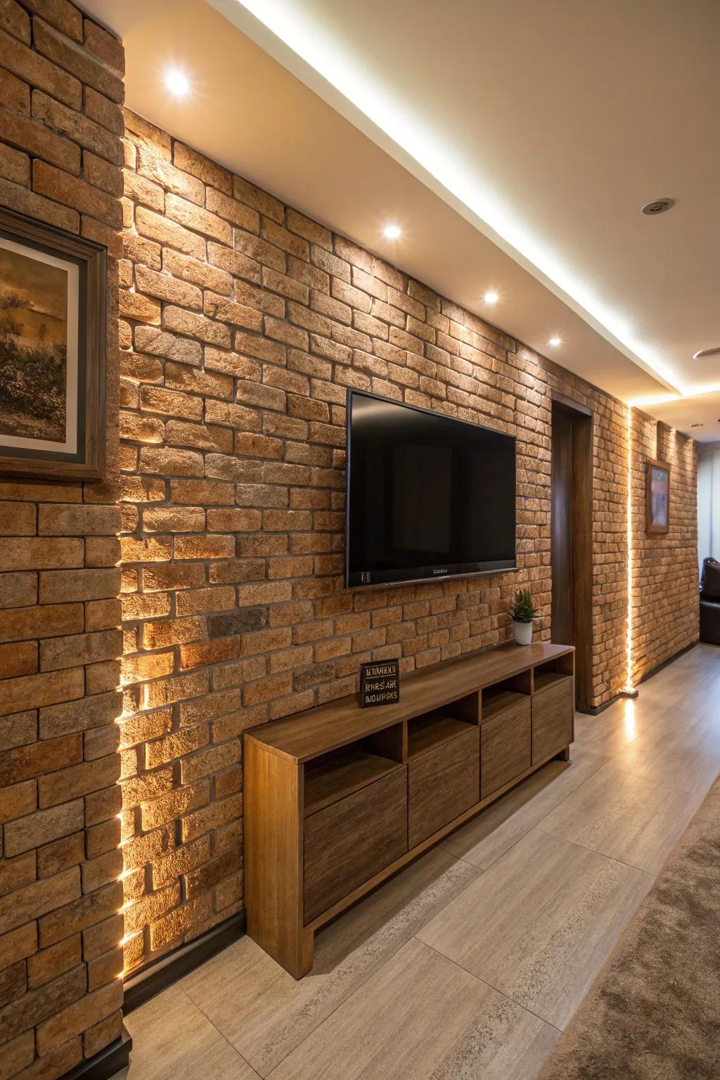 Textured surfaces add character to this stylish TV wall.