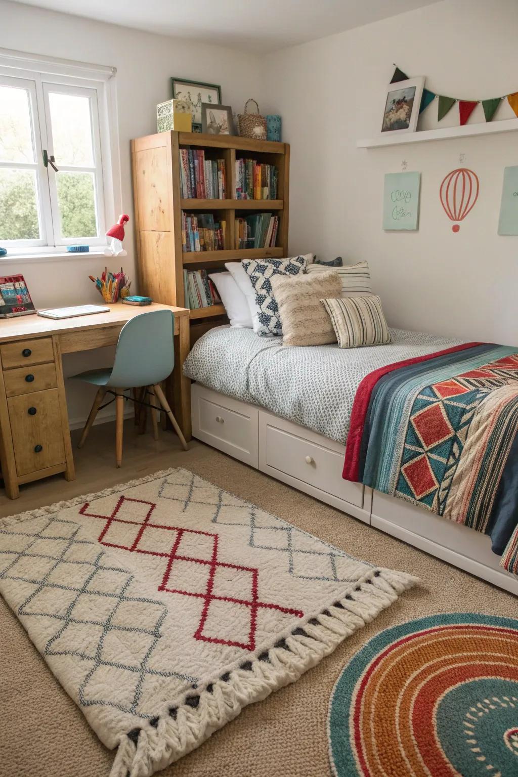 A snug room featuring layered rugs and cushions.