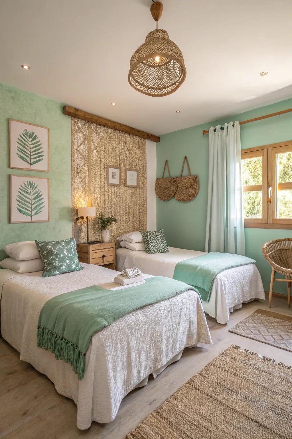 A serene bedroom featuring seafoam and sandstone walls, encouraging relaxation.