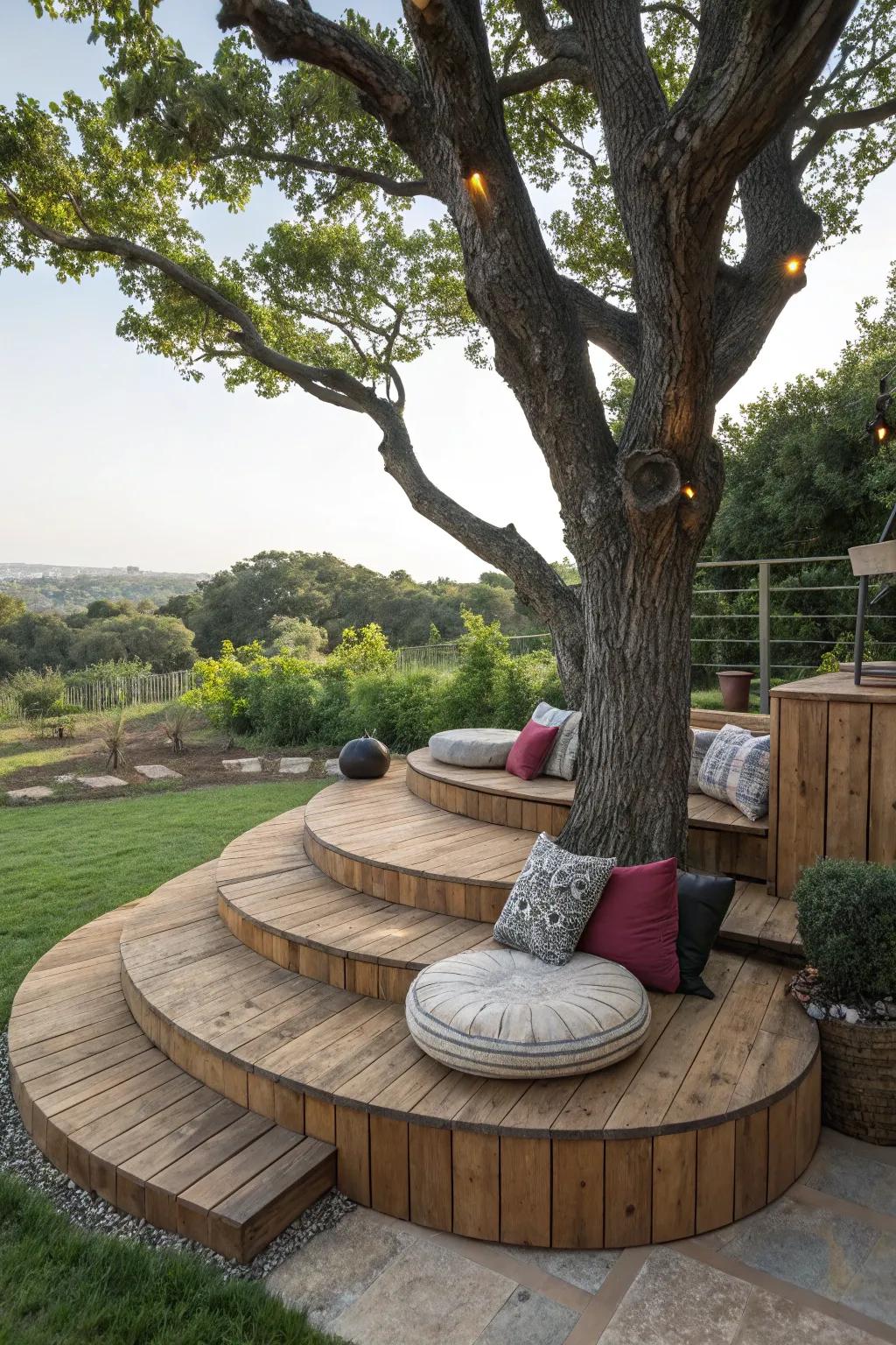 Tiered stages deliver a singular seating adventure beneath the tree.