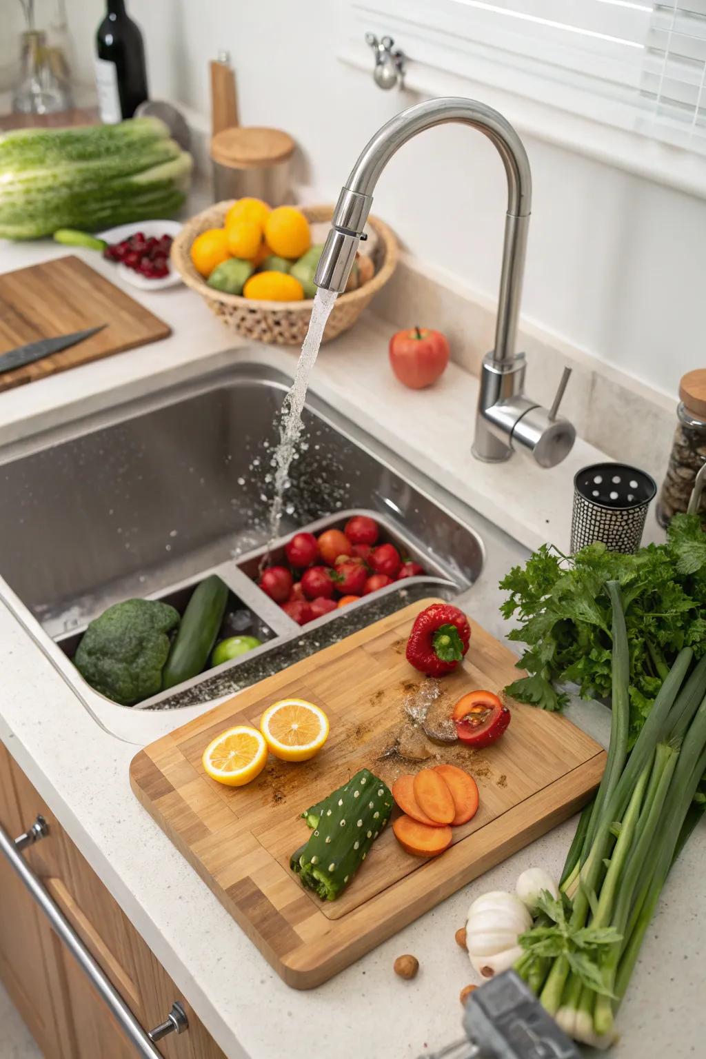 An undermount sink with a custom cutting board, optimizing kitchen functionality.