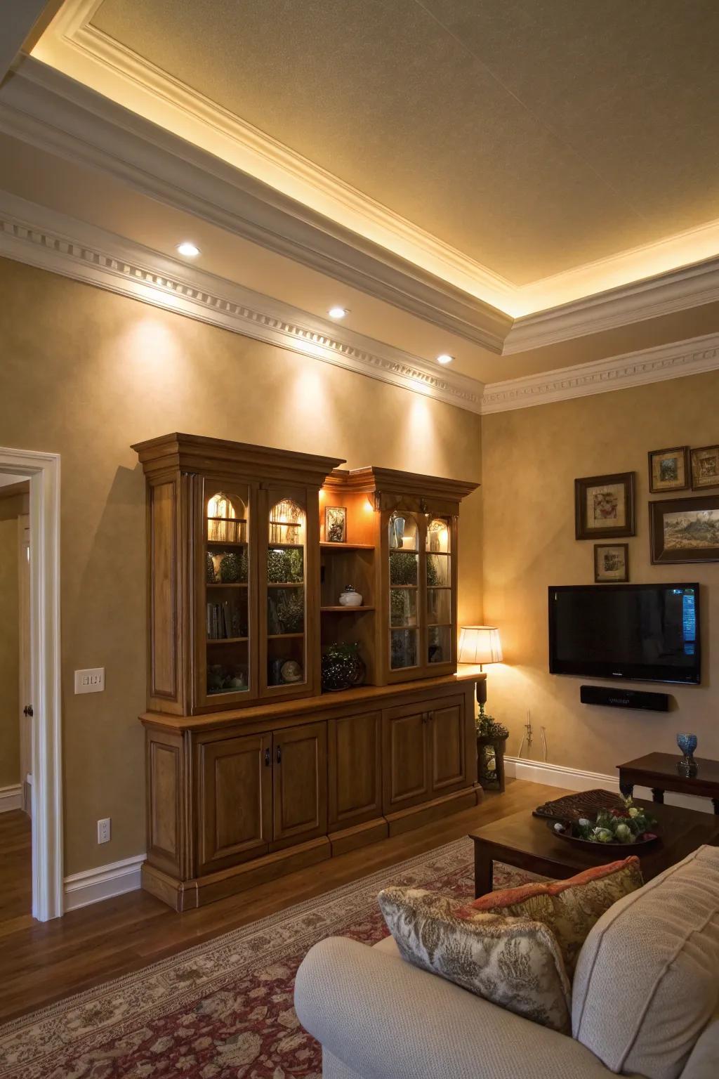 Crown molding illumination adds charm with a halo effect.