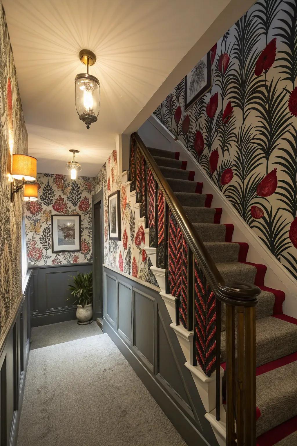 Striking wallpaper adds character to the upper hallway.