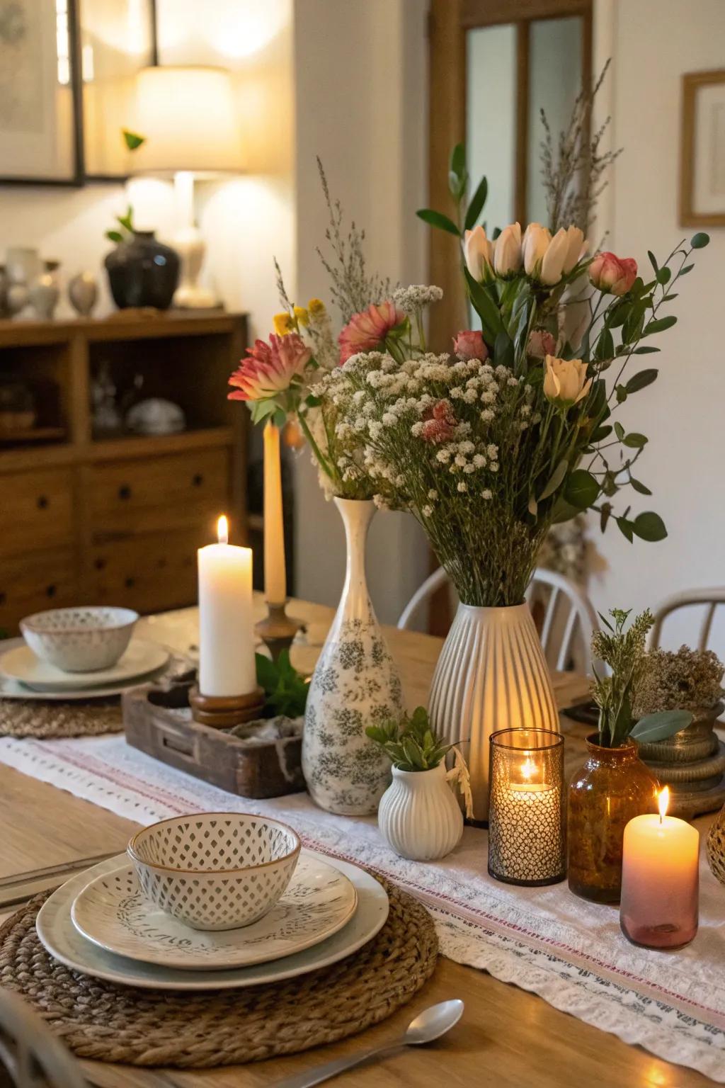 Vintage vases produce an eclectic centerpiece appeal.