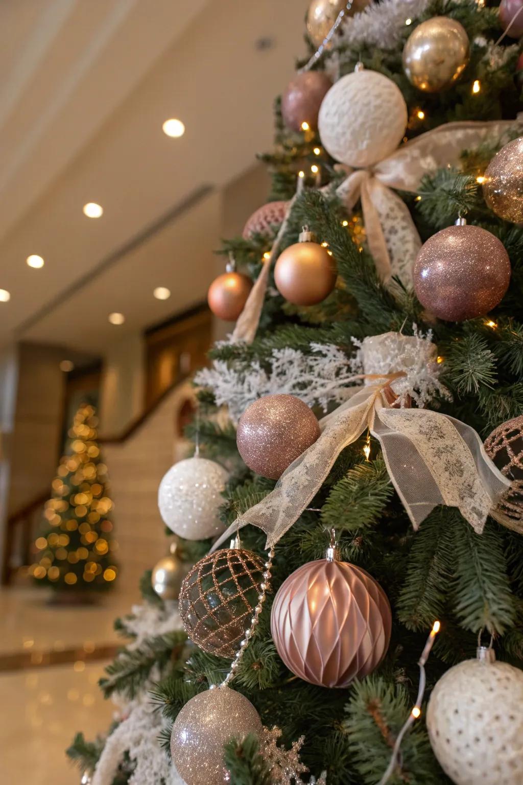 Tiered textures fashion an abundant and welcoming presentation for your tree.