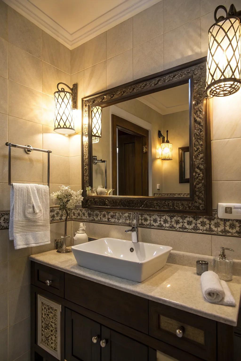 A well-lit lavatory that exudes warmth and elegance.