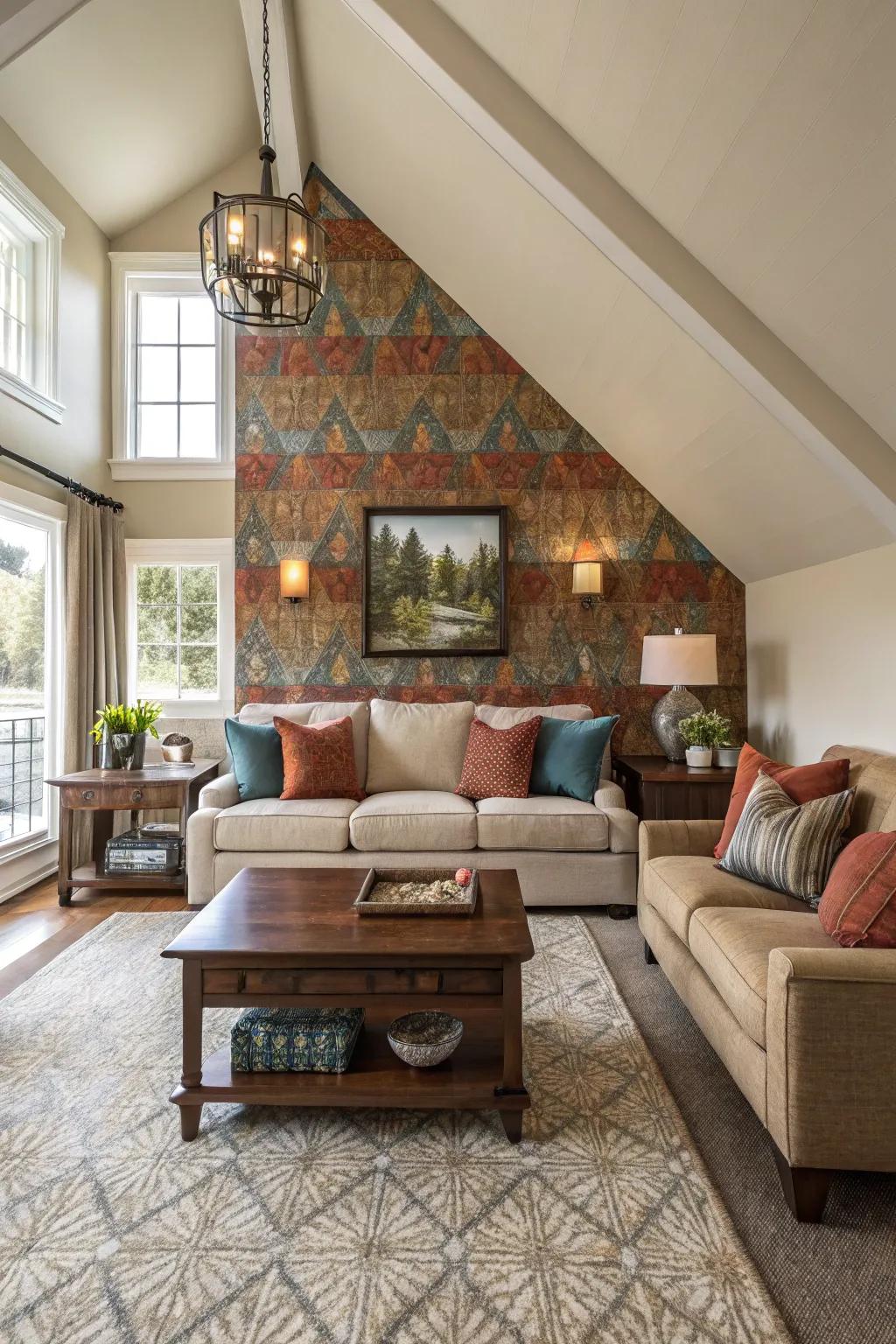Living room with vaulted ceiling and furniture highlighting the feature wall