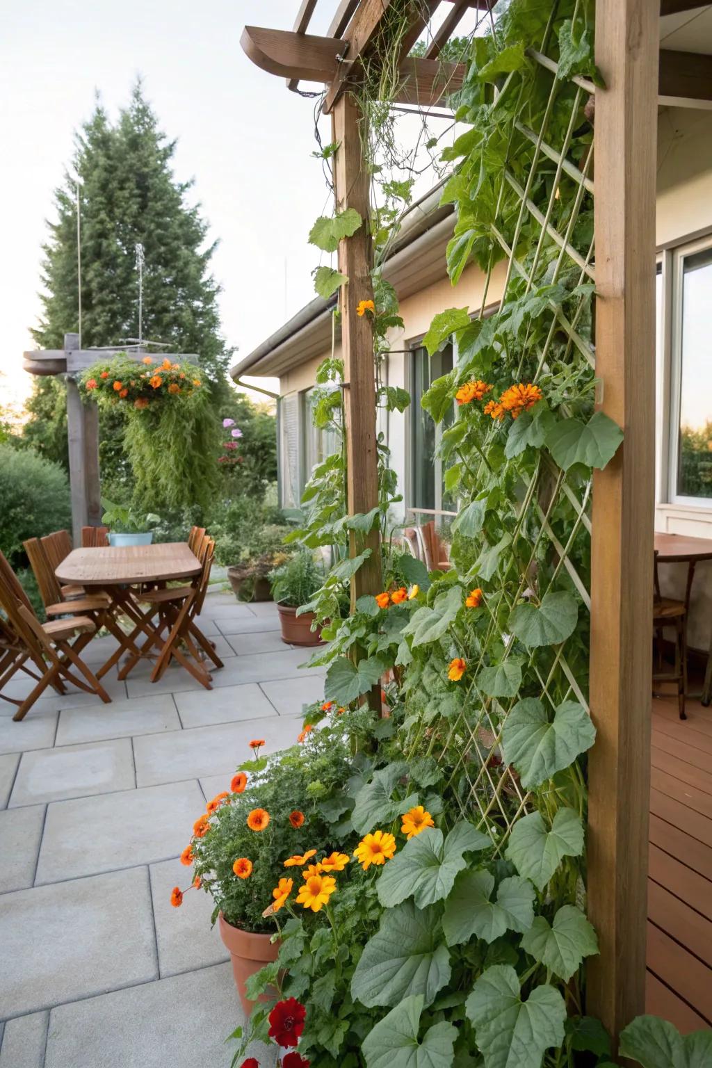 Trellis planters optimize compact outdoor spaces.