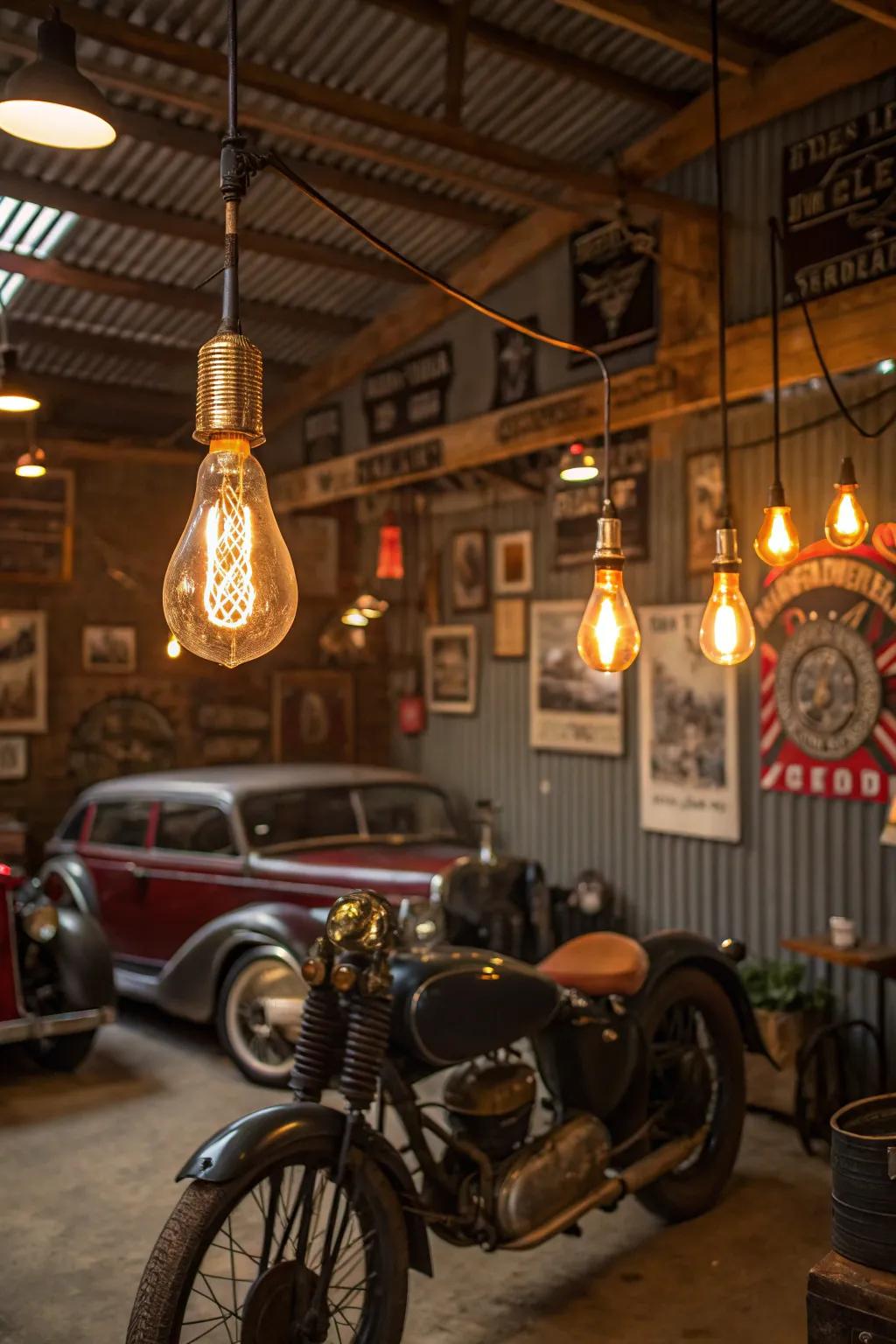 Subtle illumination shapes the mood in a vintage garage.