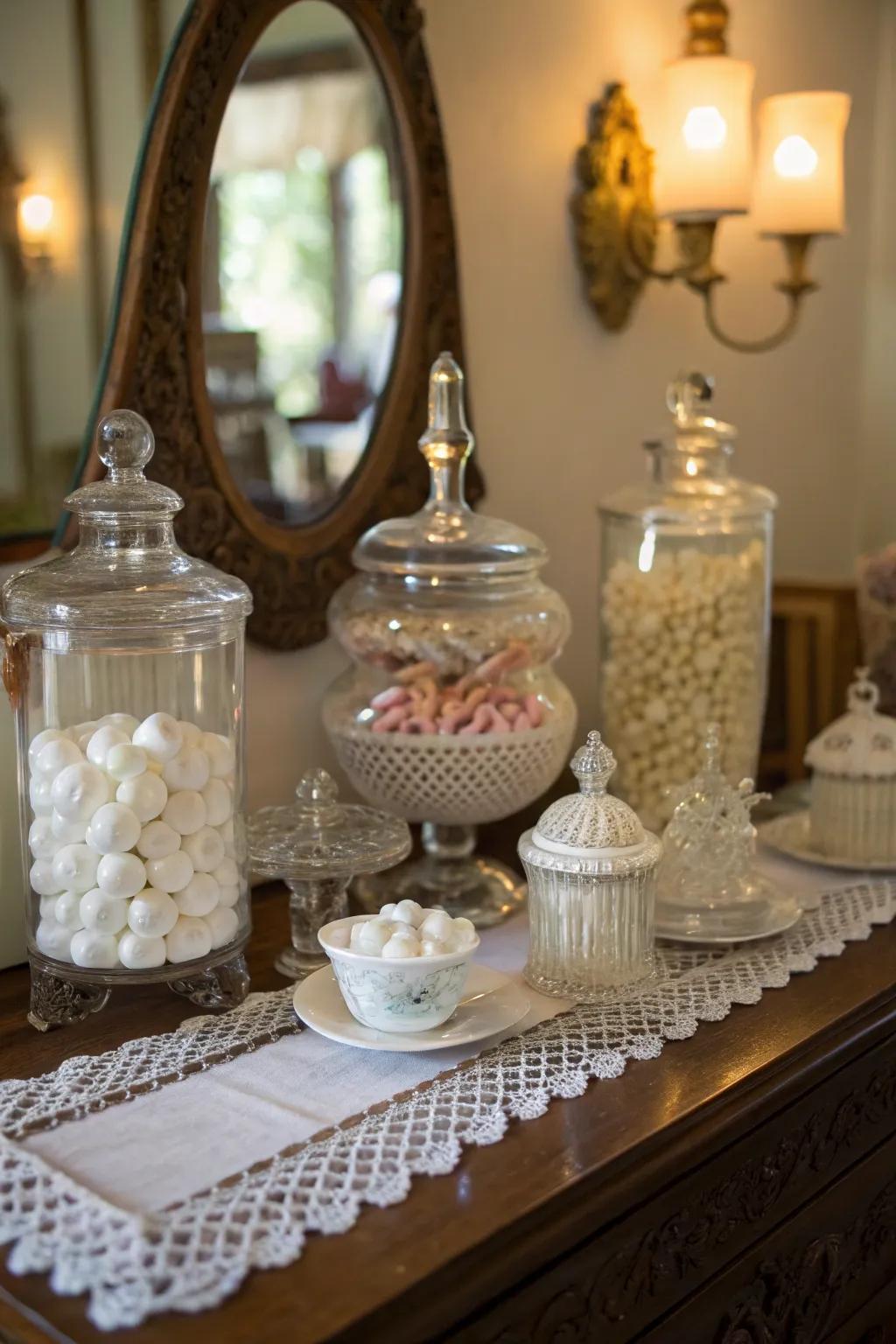 Glass and fired clay decor enrich the vintage charm of your vanity.