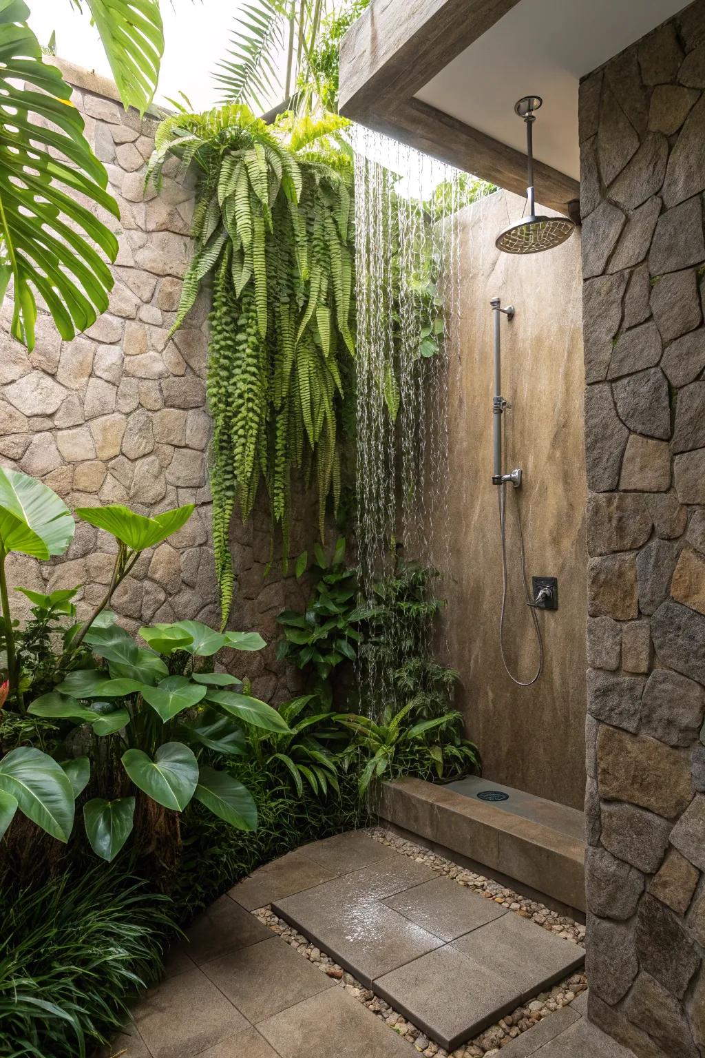 Shower enclosure with vegetation and rock structures.