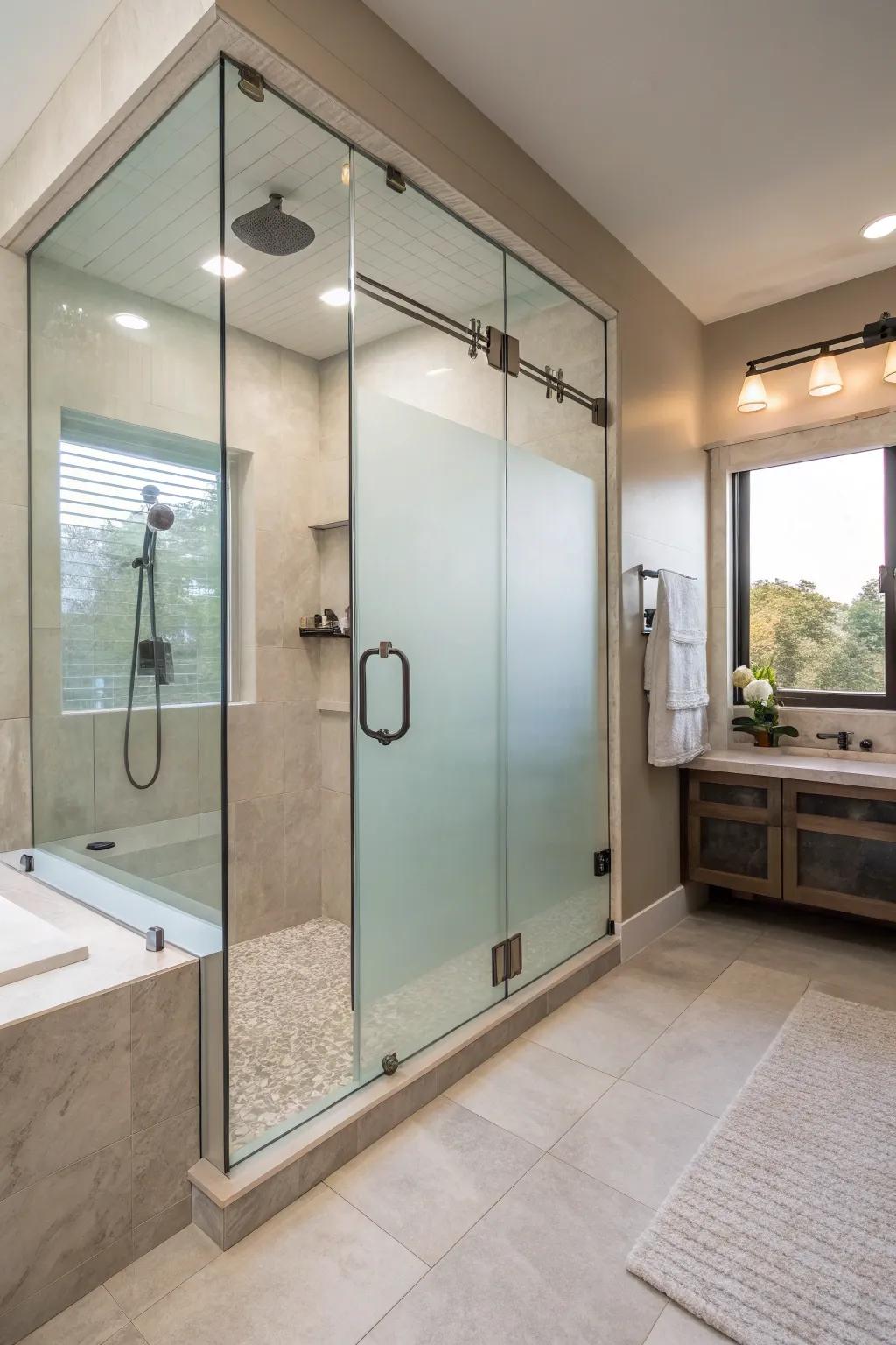 Frosted glass panels combine privacy with a modern look in this walk-in shower.