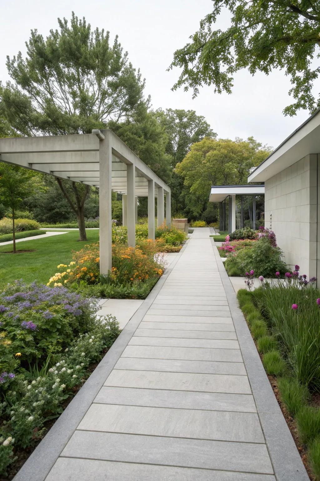 Contemporary minimalism instills understated elegance into any garden walkway.