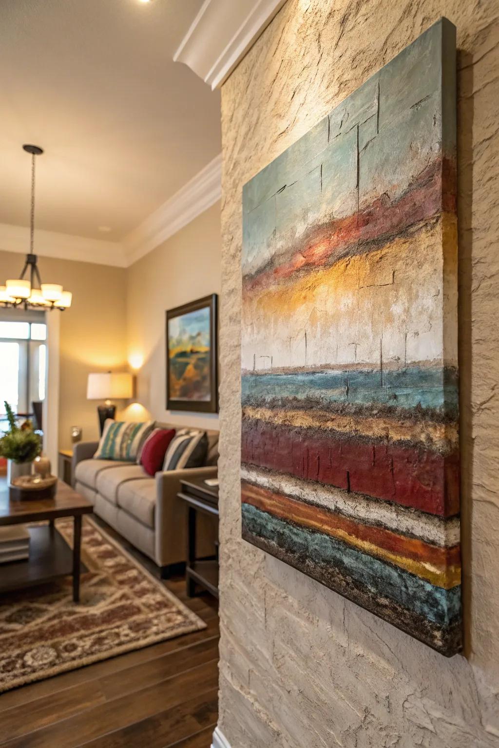 Art with texture contributes depth and intrigue.