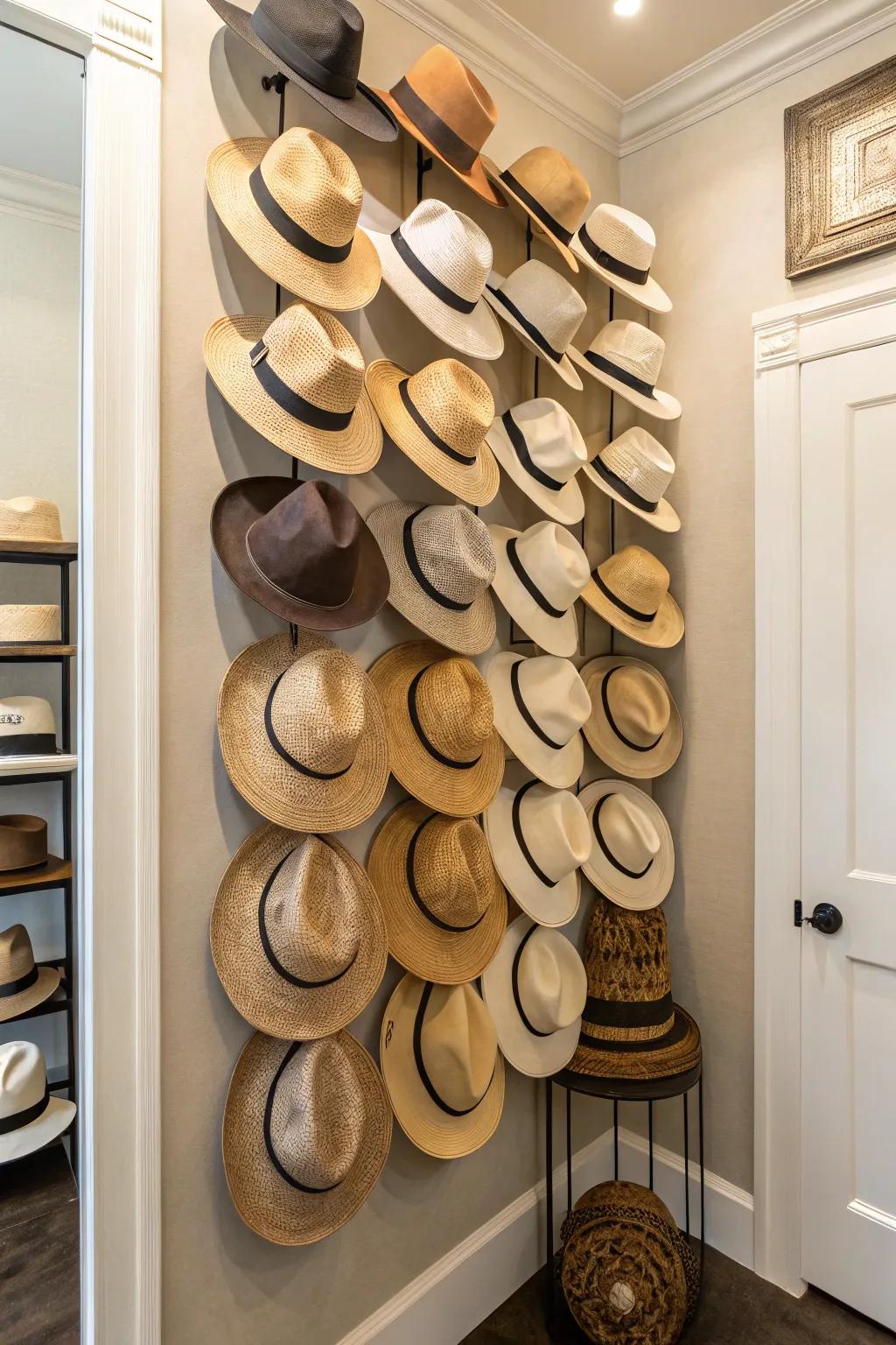 A creative corner display of cascading hats