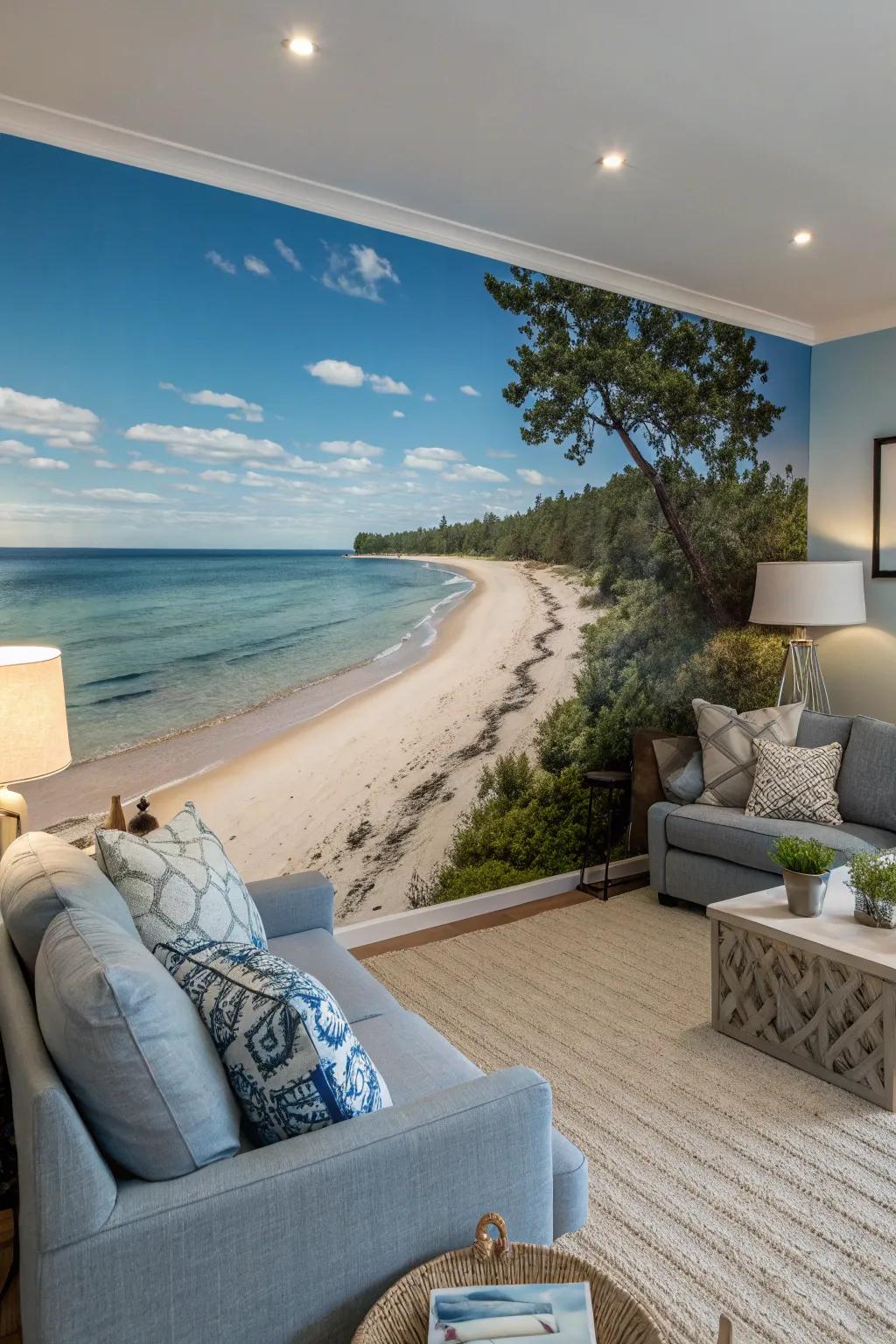 Relax with the soothing vibes of a beach escape mural.