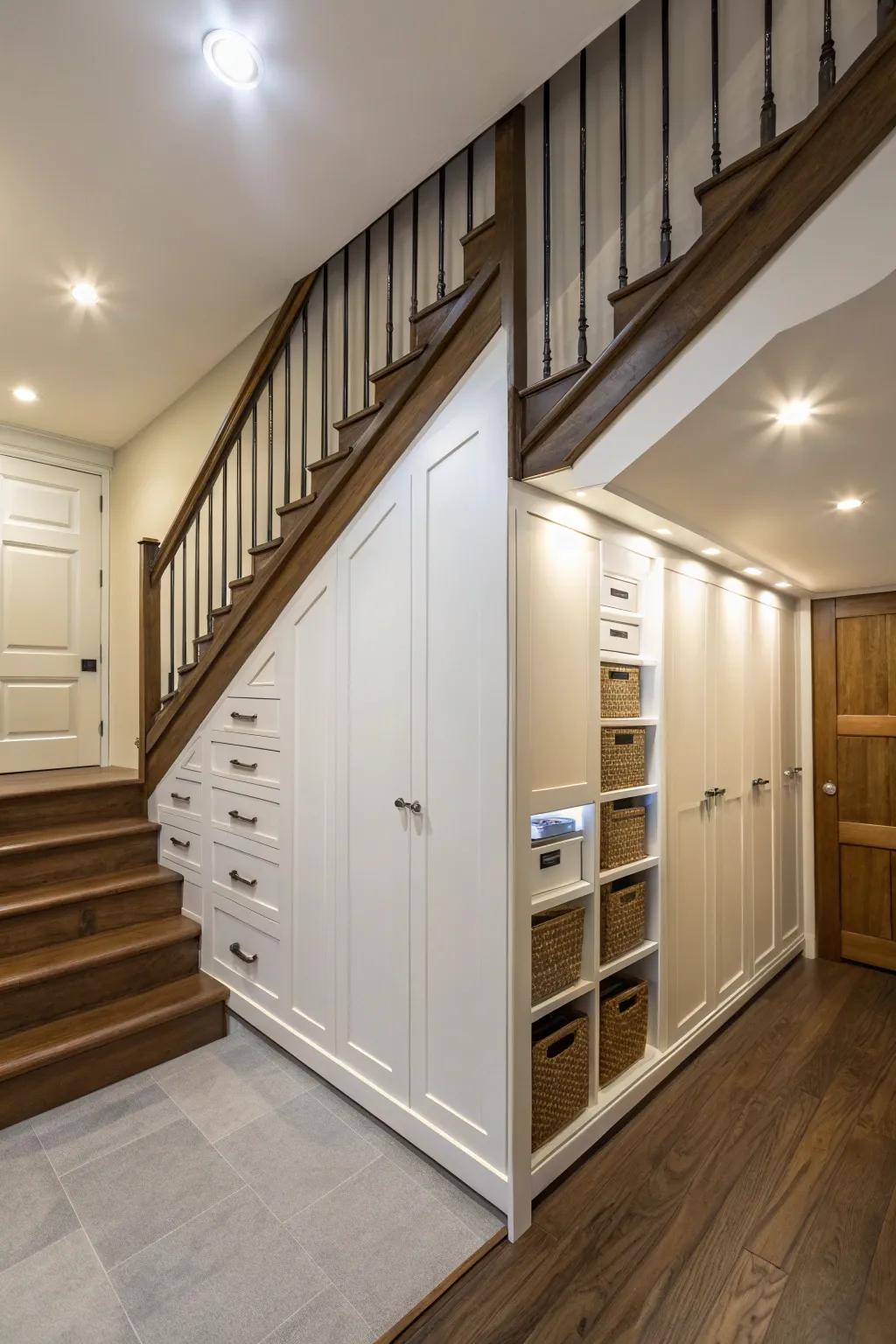 Concealed storage beneath the staircase helps keep your home tidy.