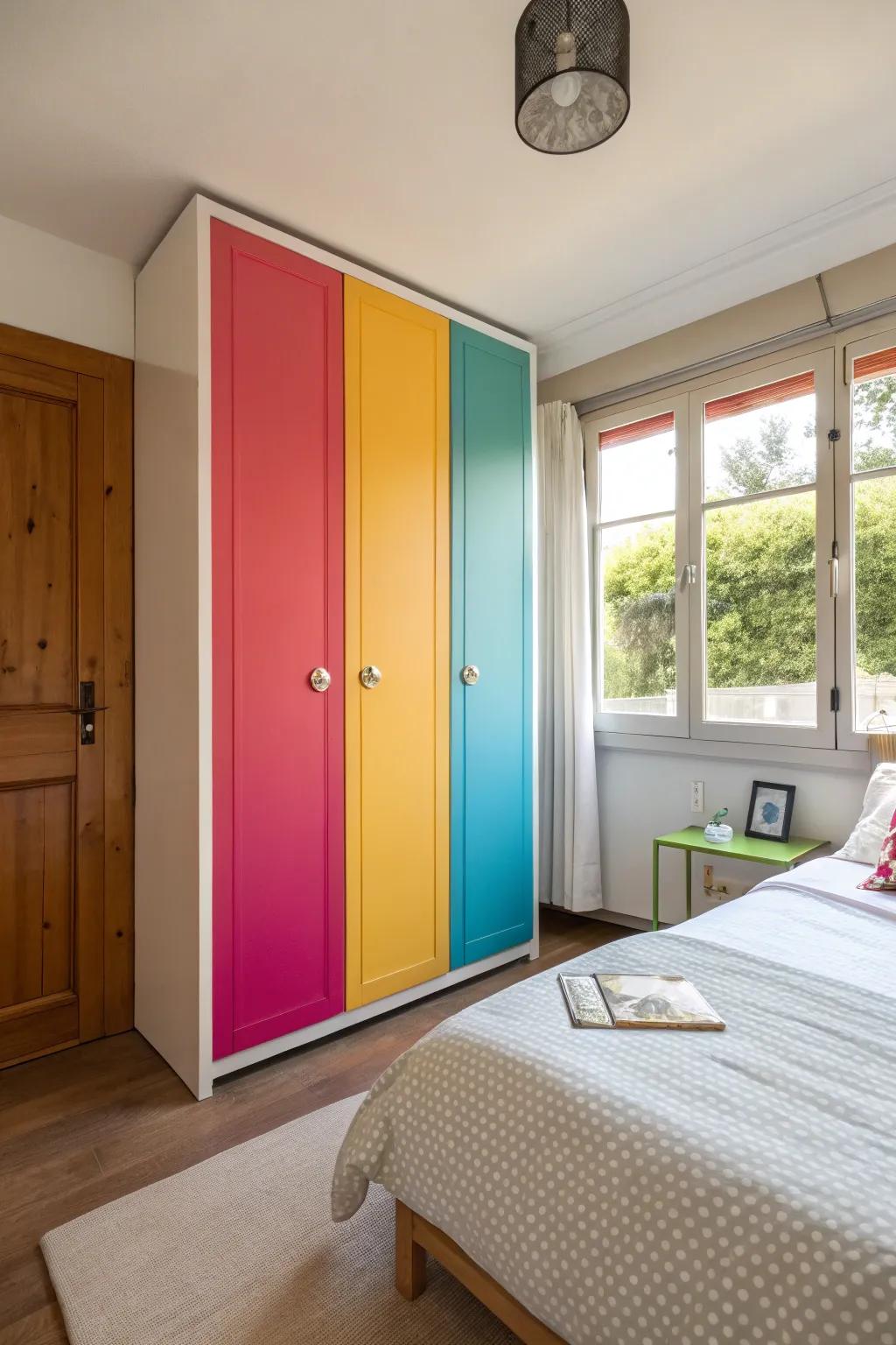 A closet with colorful doors bringing energy to the room.