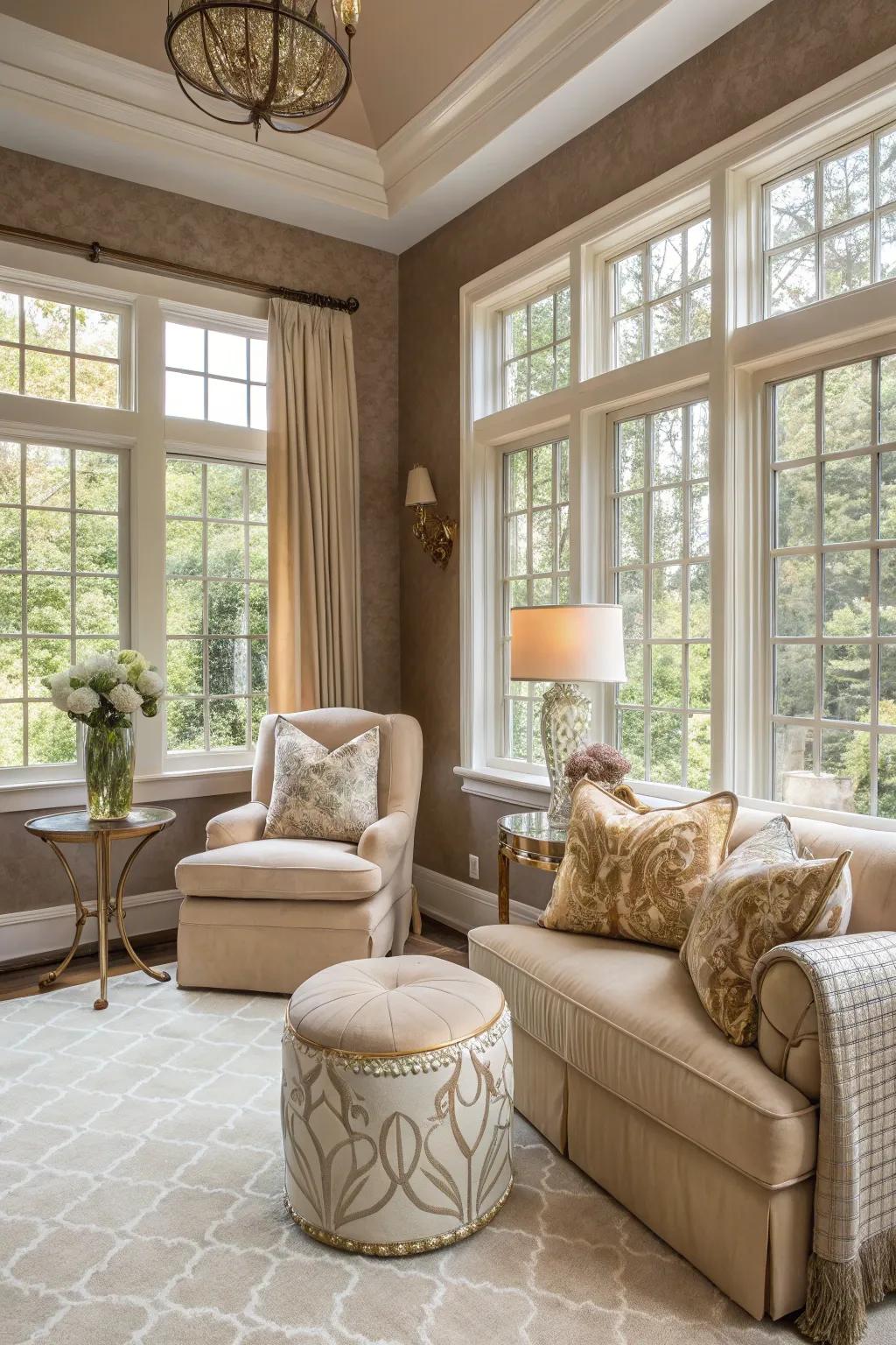 A sunroom with stone walls, radiating neutral panache and balance.