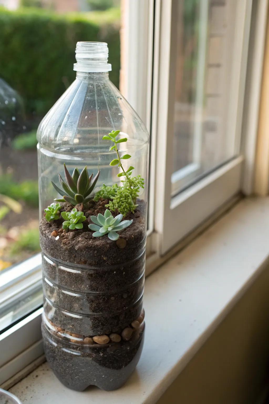 A beverage container repurposed as a succulent pot.