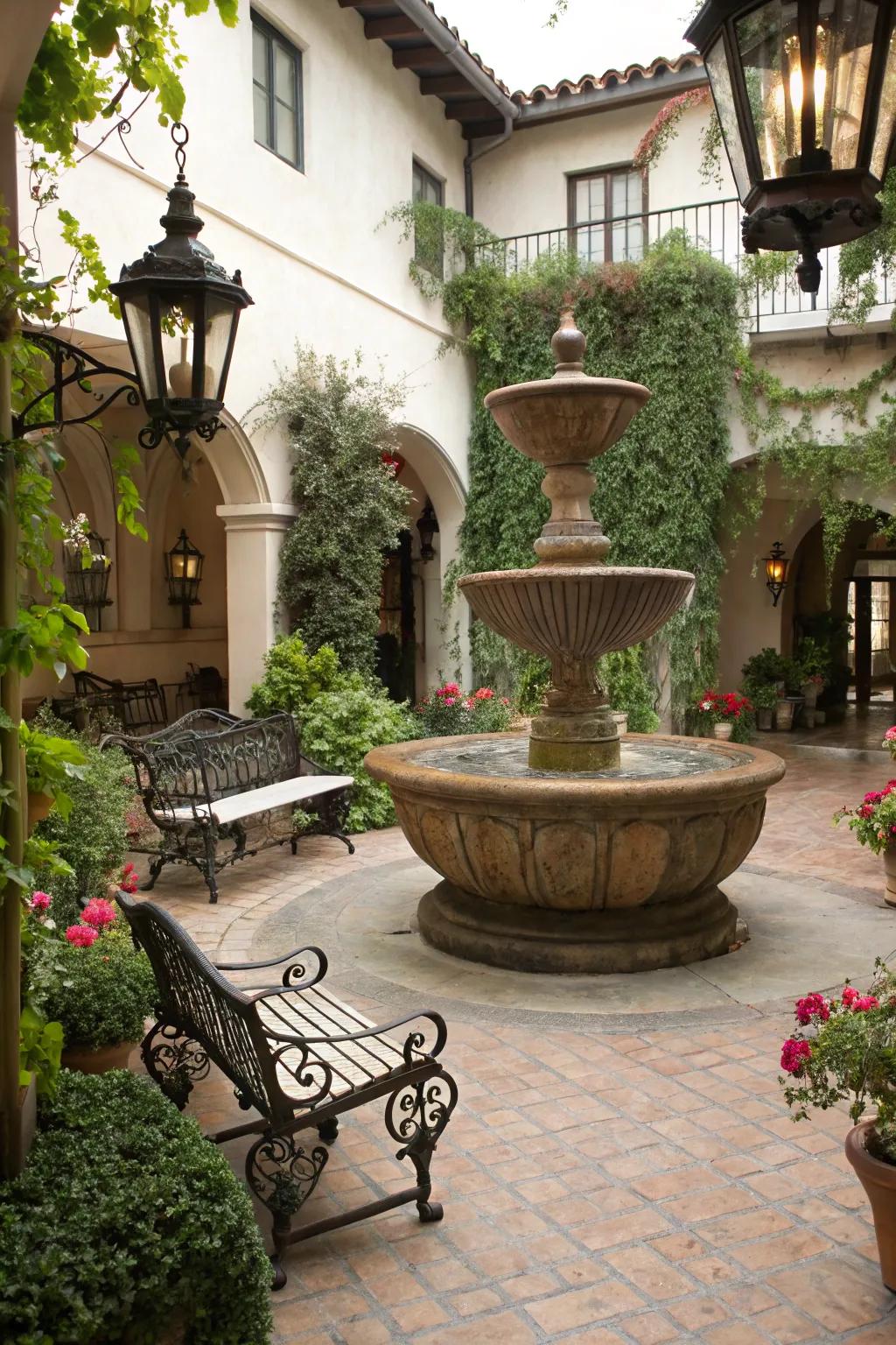 A vintage pot fountain adds country elegance to your courtyard.