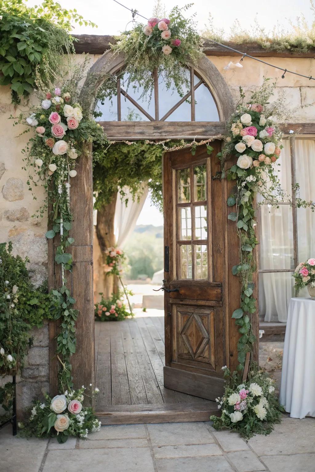 Nostalgic charm with a vintage doorway backdrop.