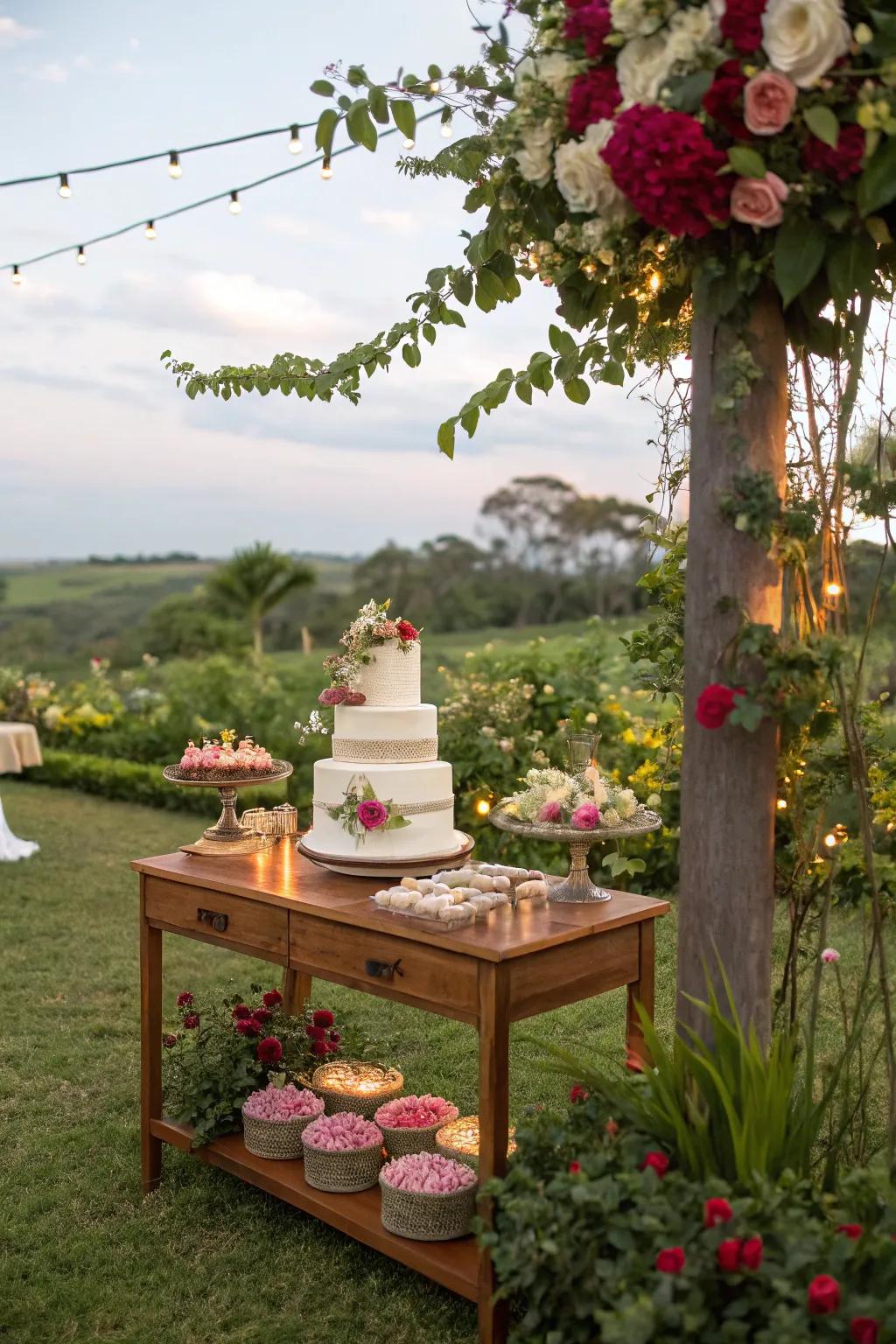A wedding cake exhibited within the organic splendor of a botanical garden.
