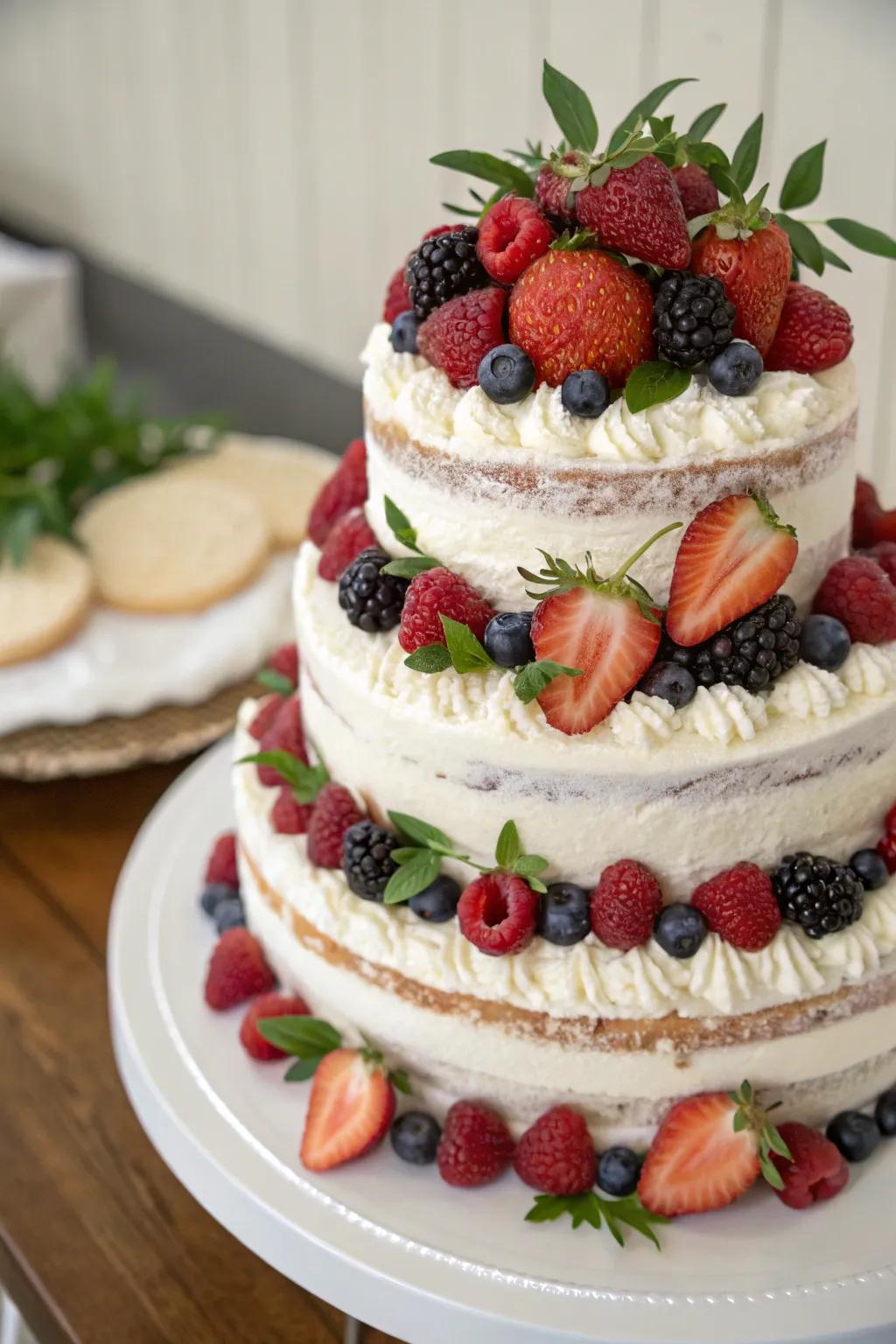 A wedding cake adorned with fresh forest fruits for a burst of color.