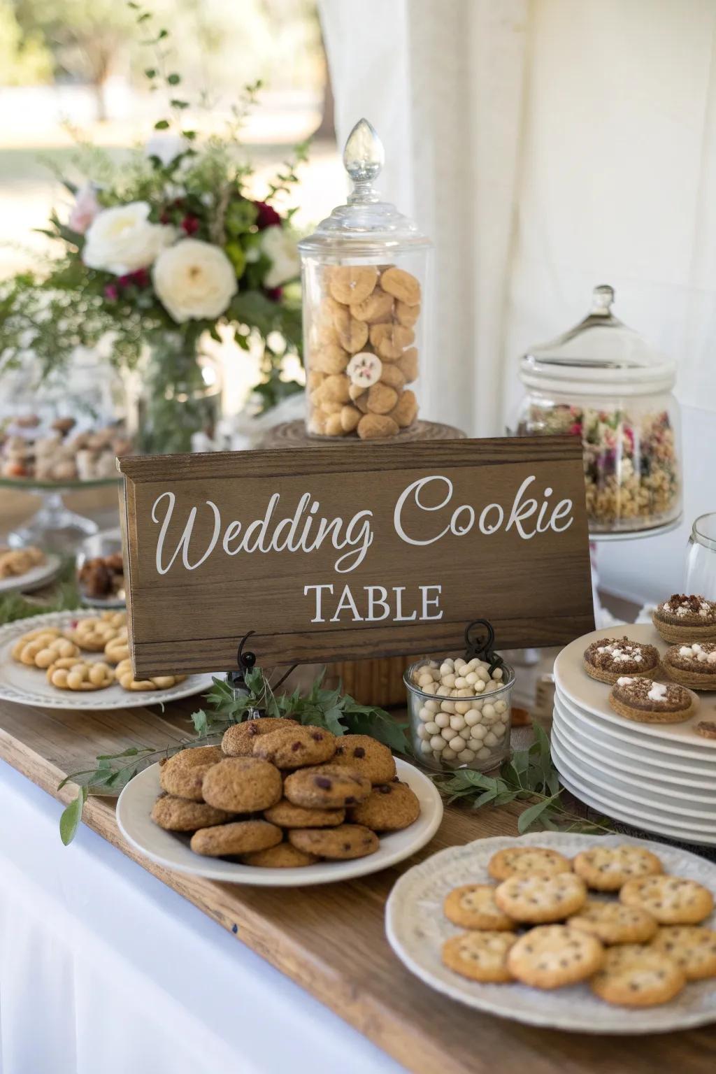 Ornamental advertisements introduce an inviting nuance to a wedding dessert station.