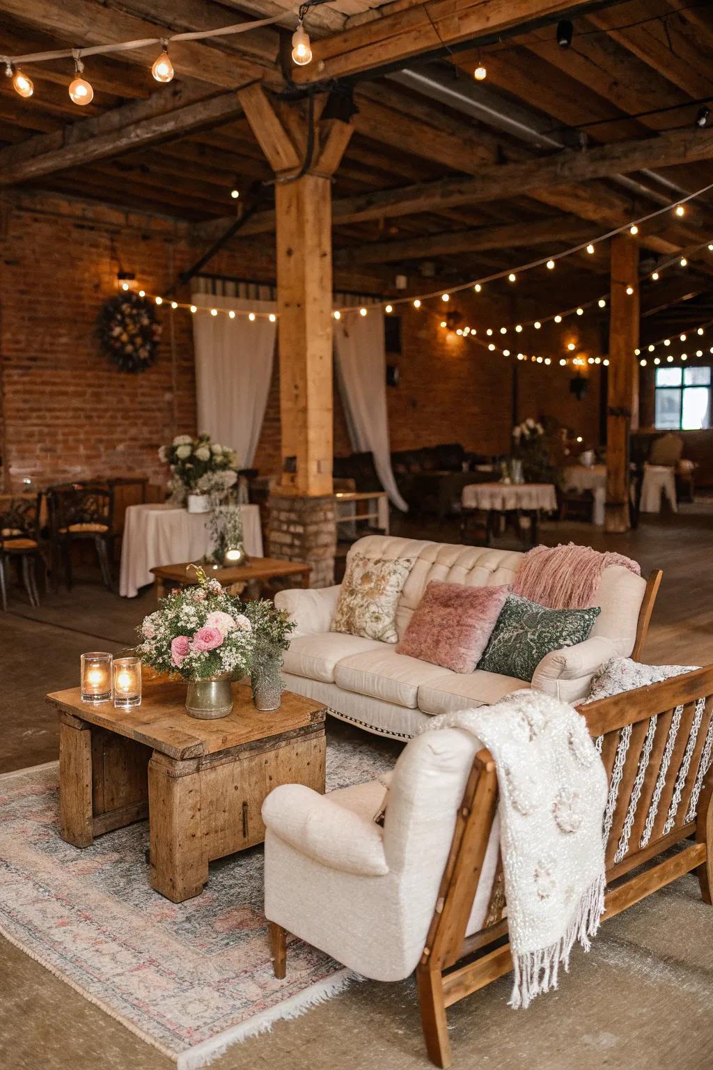 A countryside comfort area at a wedding, featuring vintage furniture and comfortable textiles for guest comfort.