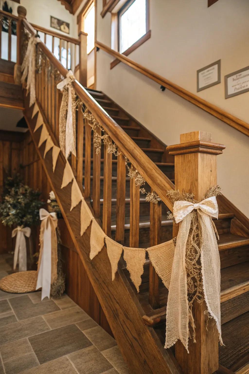 Wooden emphases that are unpolished and burlap infuse this staircase with an inviting charm.