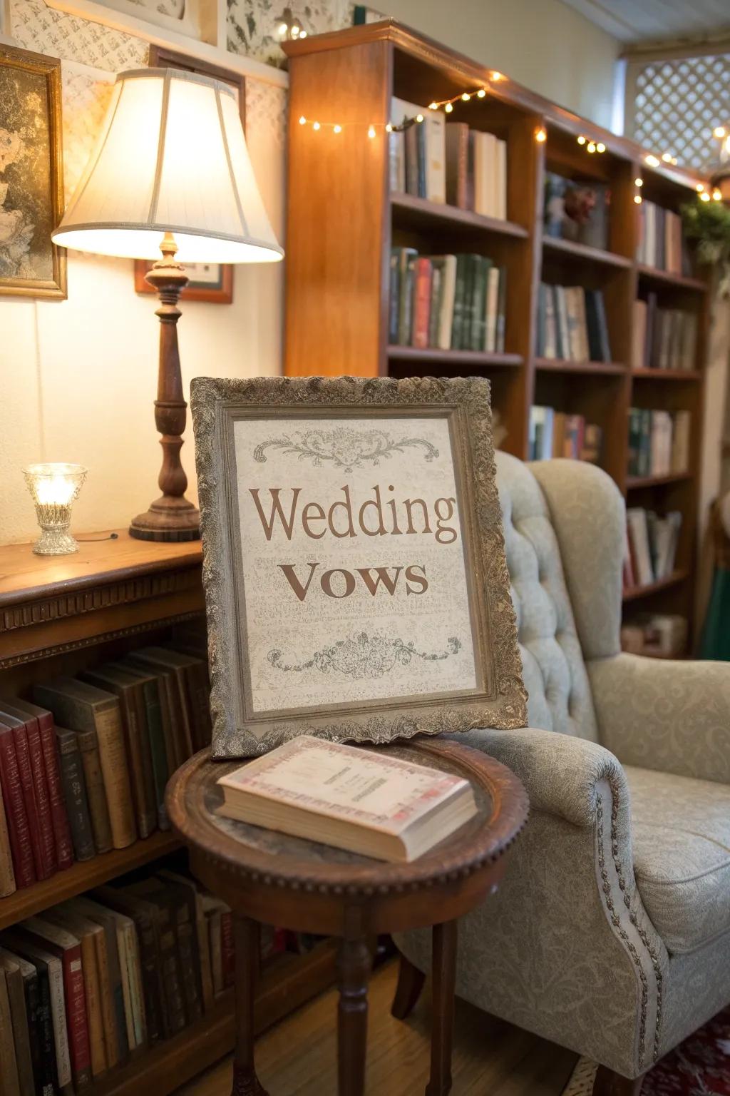 Evocative timeworn transcriber vows nestled in a snug reading space.