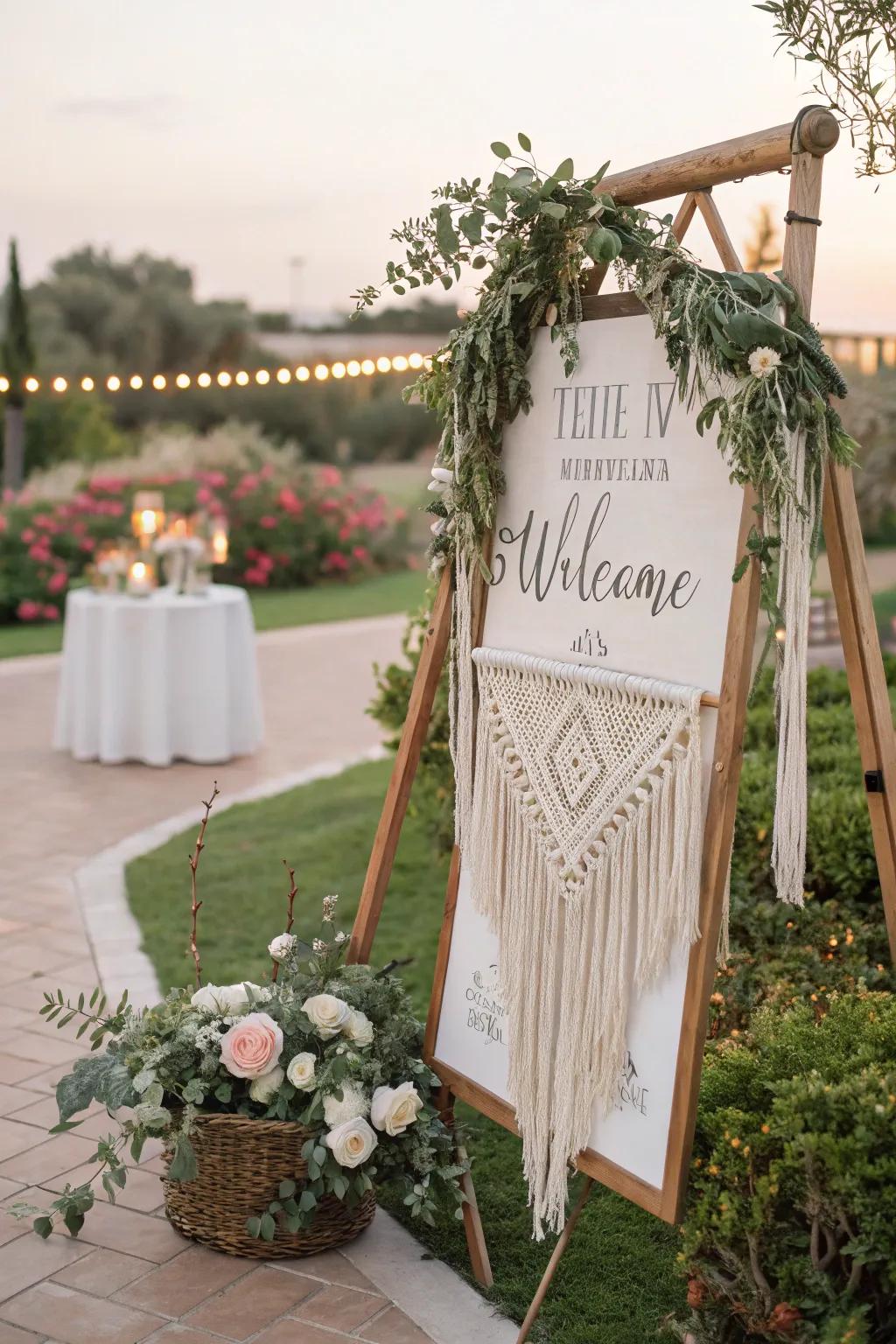 A boho chic welcome board with macramé and greenery, perfect for an outdoor wedding.