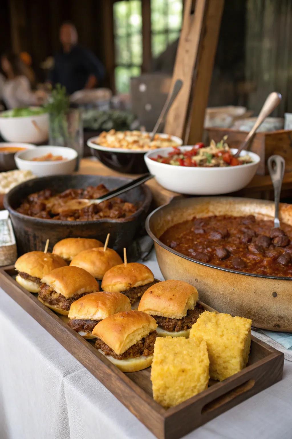 A generous buffet of BBQ sliders and chili is beyond any doubt to satisfy.