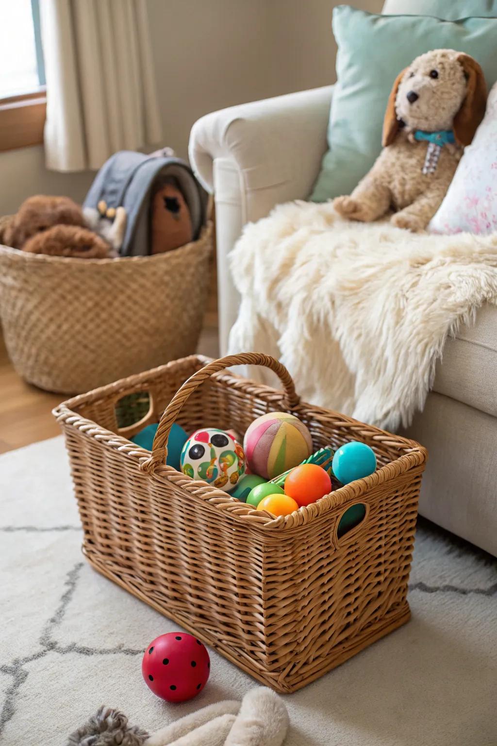 Having a basket designated for pet playthings aids in keeping your pet’s play area tidy.
