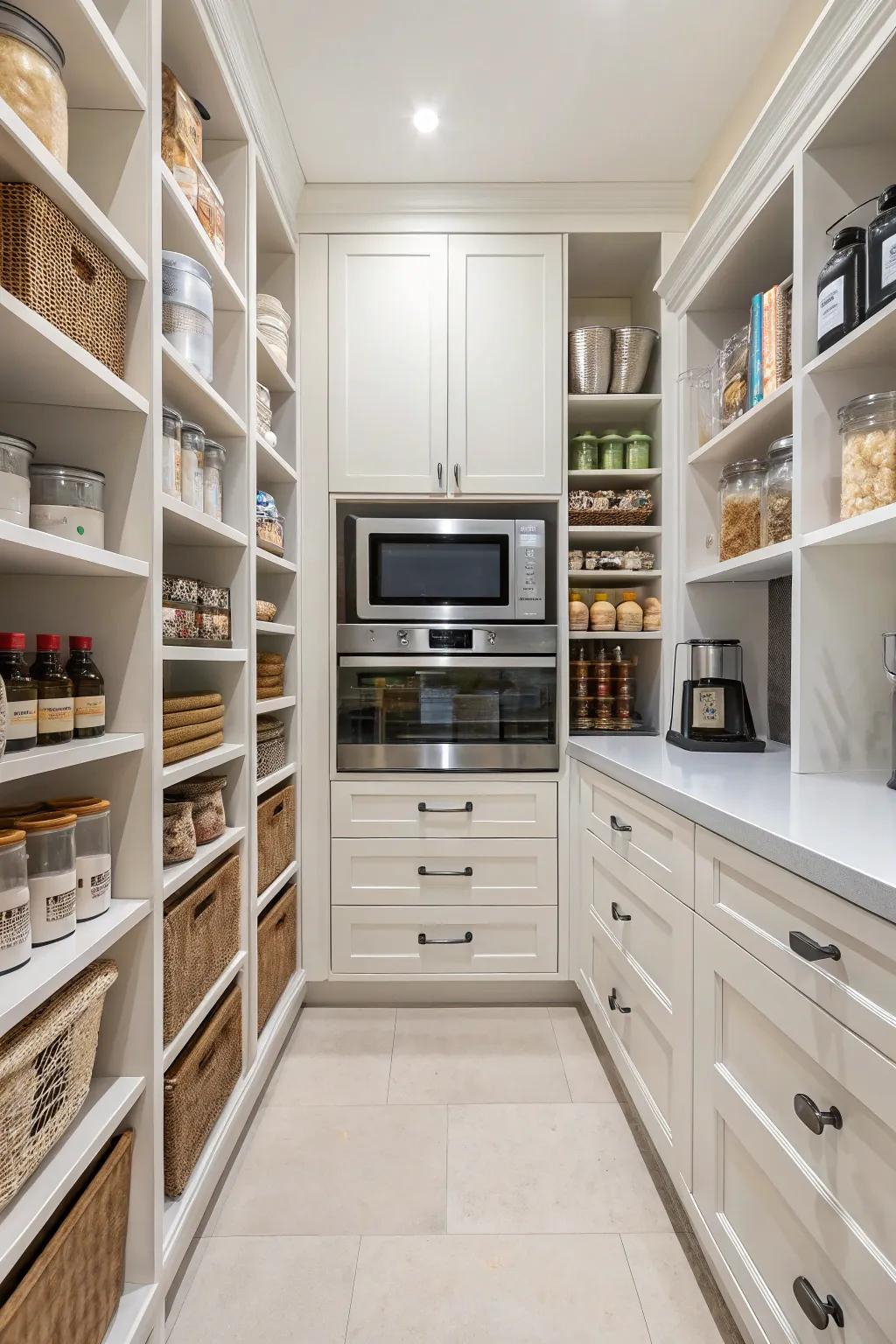 A walk-in storage space with a wave cooker keeps your kitchen open and tidy.