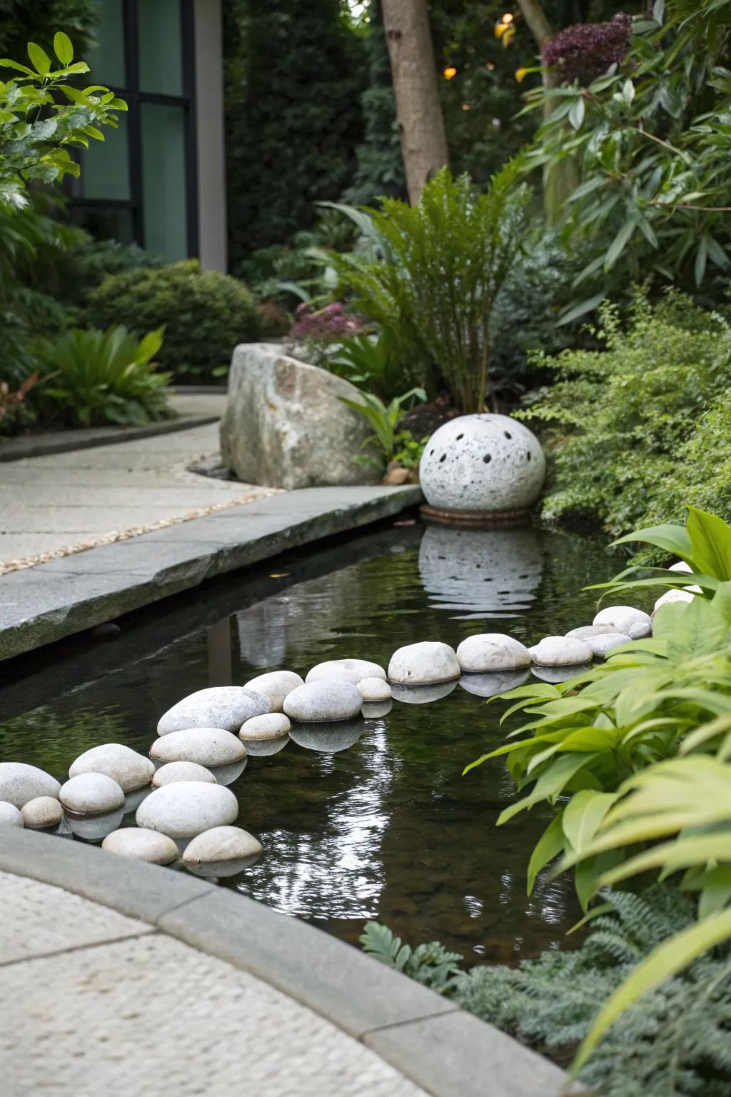 A water feature with pale stones imparts tranquility to the garden.