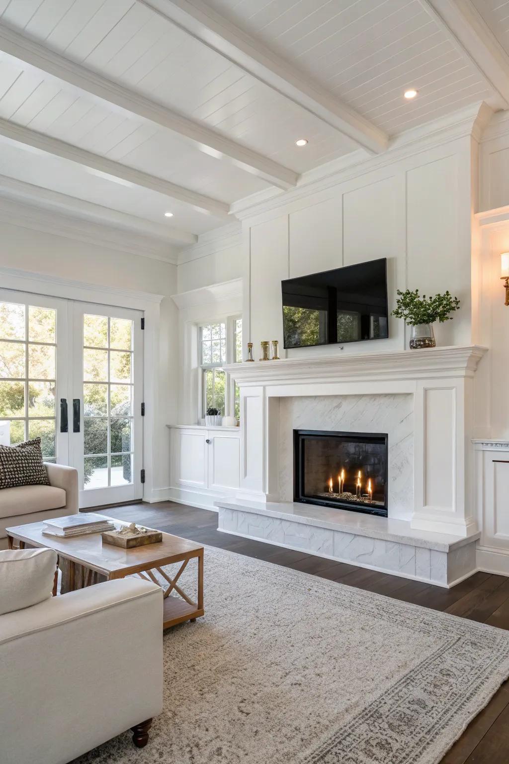 A fireplace introduces warmth and coziness to a white space.