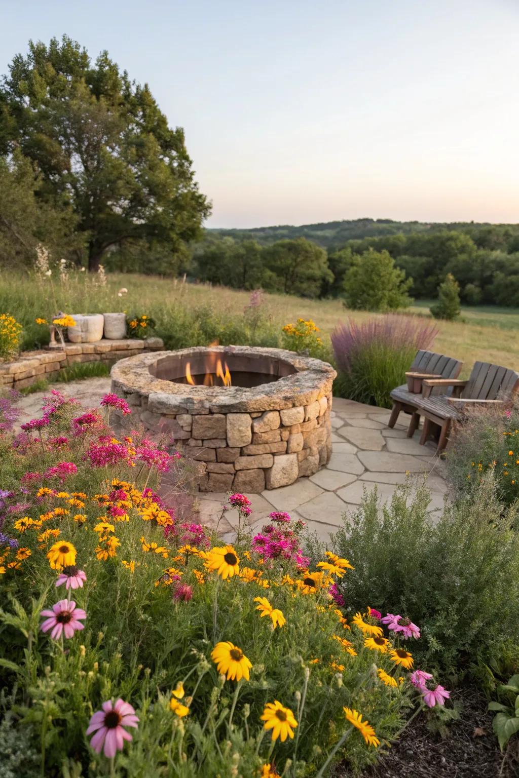 A snug brazier space enveloped by colorful botanicals.