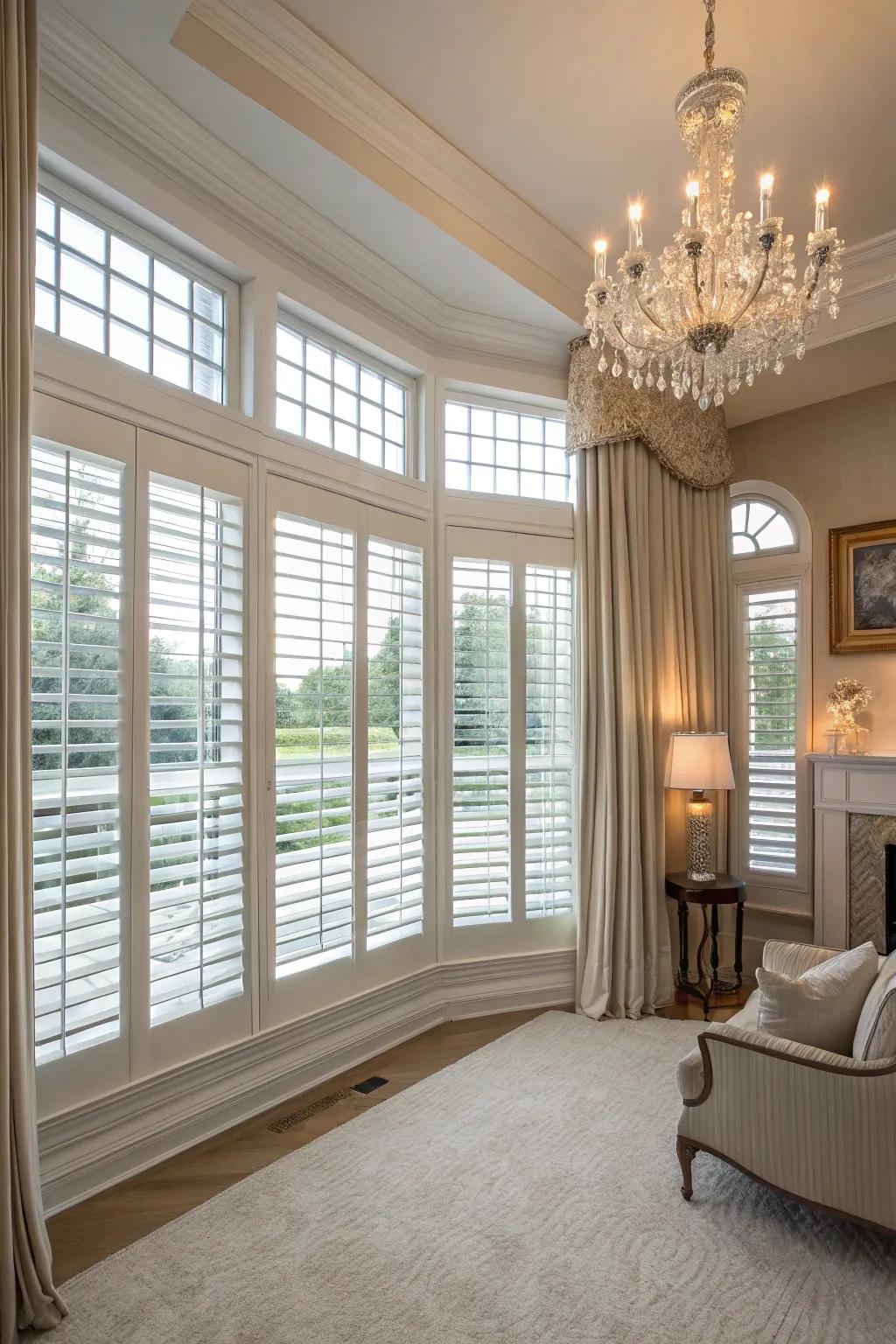 Plantation shutters offer classic elegance to big windows.