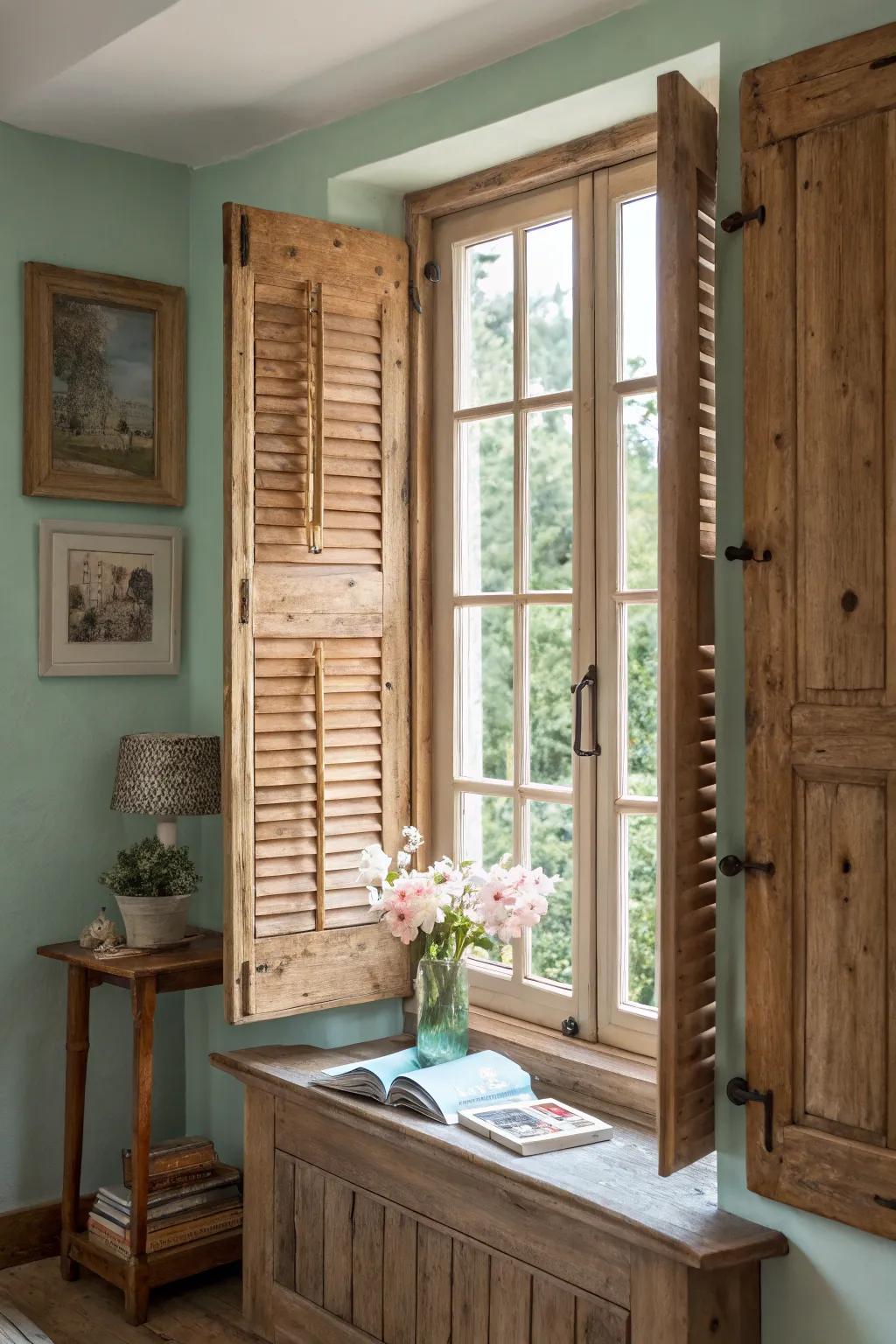 Achieve farmhouse charm with rustic window shutters.