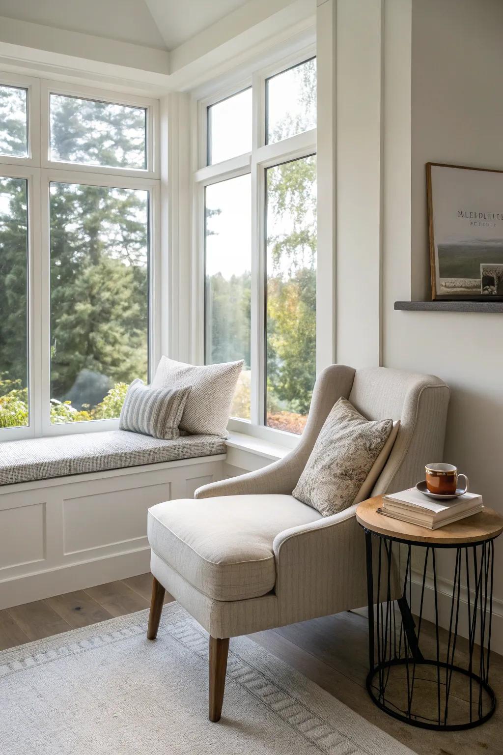 A minimalist window reading nook has a modern touch.