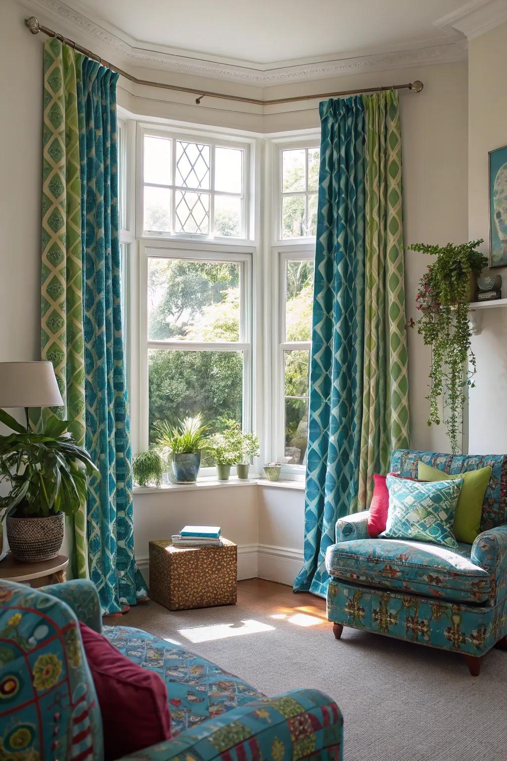 Graphic drapes inject a burst of individuality into bay windows.