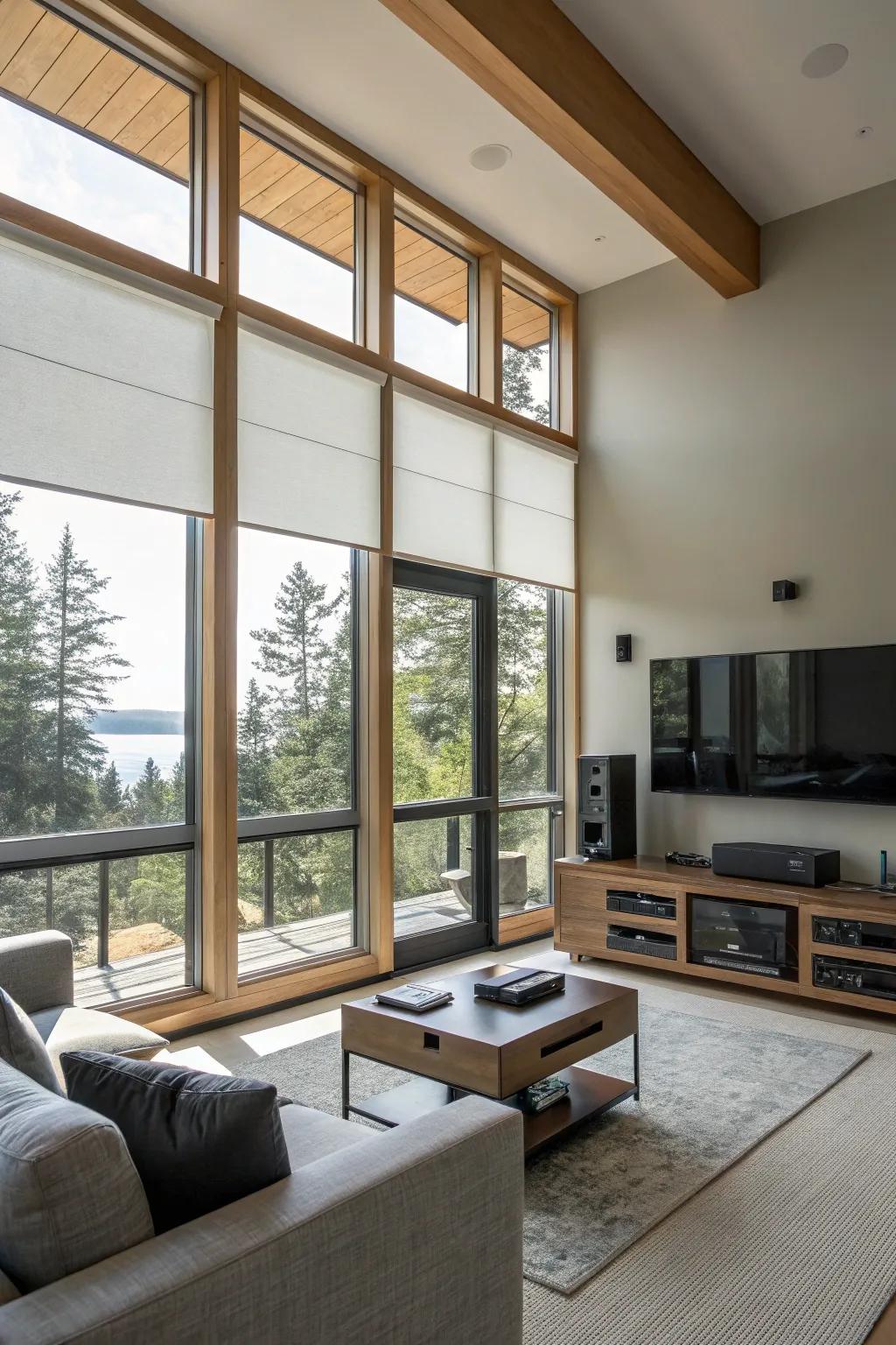 Automatic window coverings add modernity and ease to casement windows.